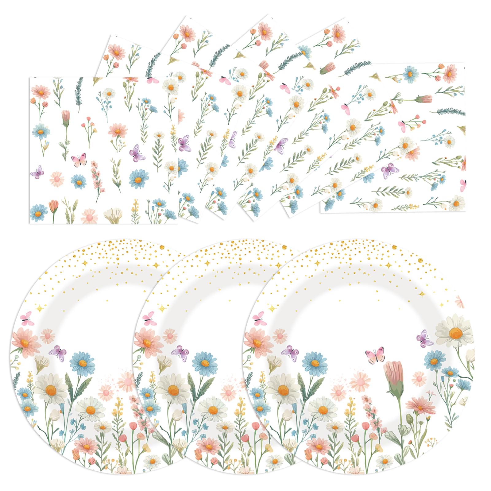 Xjoviative 40PCS Floral Paper Plates and Napkins Party Supplies, Disposable Spring Wildflower Party Plates and Napkins Tableware Set for Baby Shower