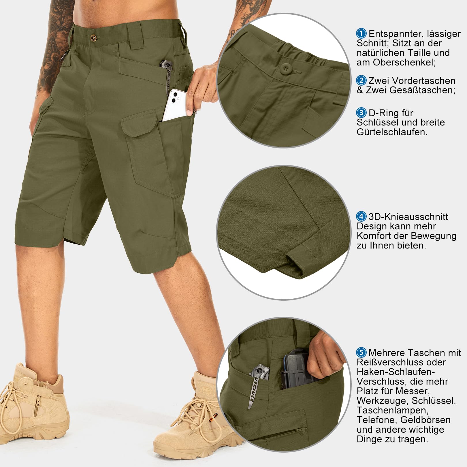 Pantaloncini Cargo Uomo Leggeri & Traspiranti, Asciugatura Rapida, Short da Trekking con Multiple Tasche, Protezione UV 50+ per Escursionismo, Campeggio, Pesca