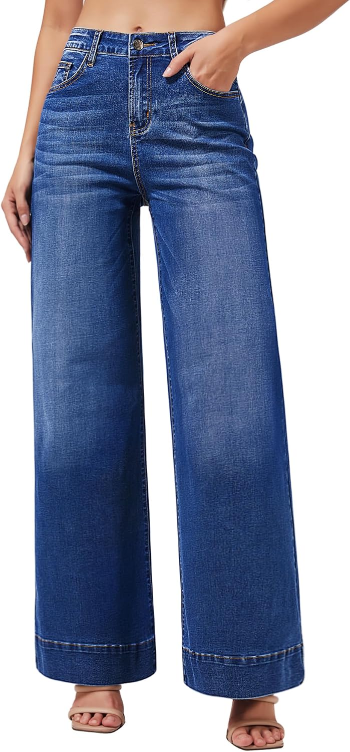 roswear Women's Wide Leg Jeans Casual High Waisted Stretchy Baggy Loose Long Trouser Jeans