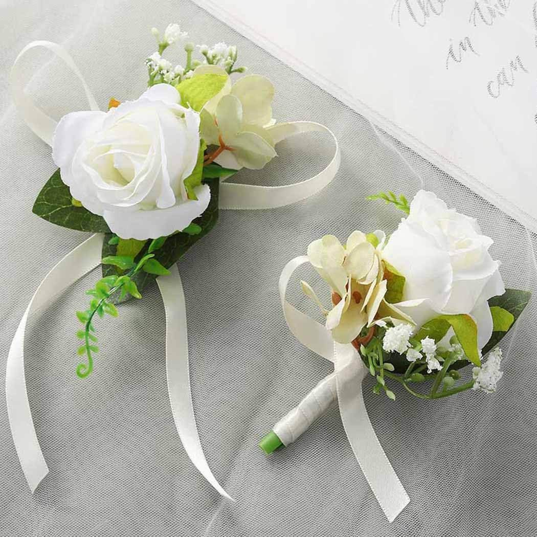 Latious Bride Wedding Corsage and Boutonniere Set Rose Wrist Corsages and Men Boutonnieres Set Prom Flowers Accessories Suit Decorations for Bride and Groom (1-White)
