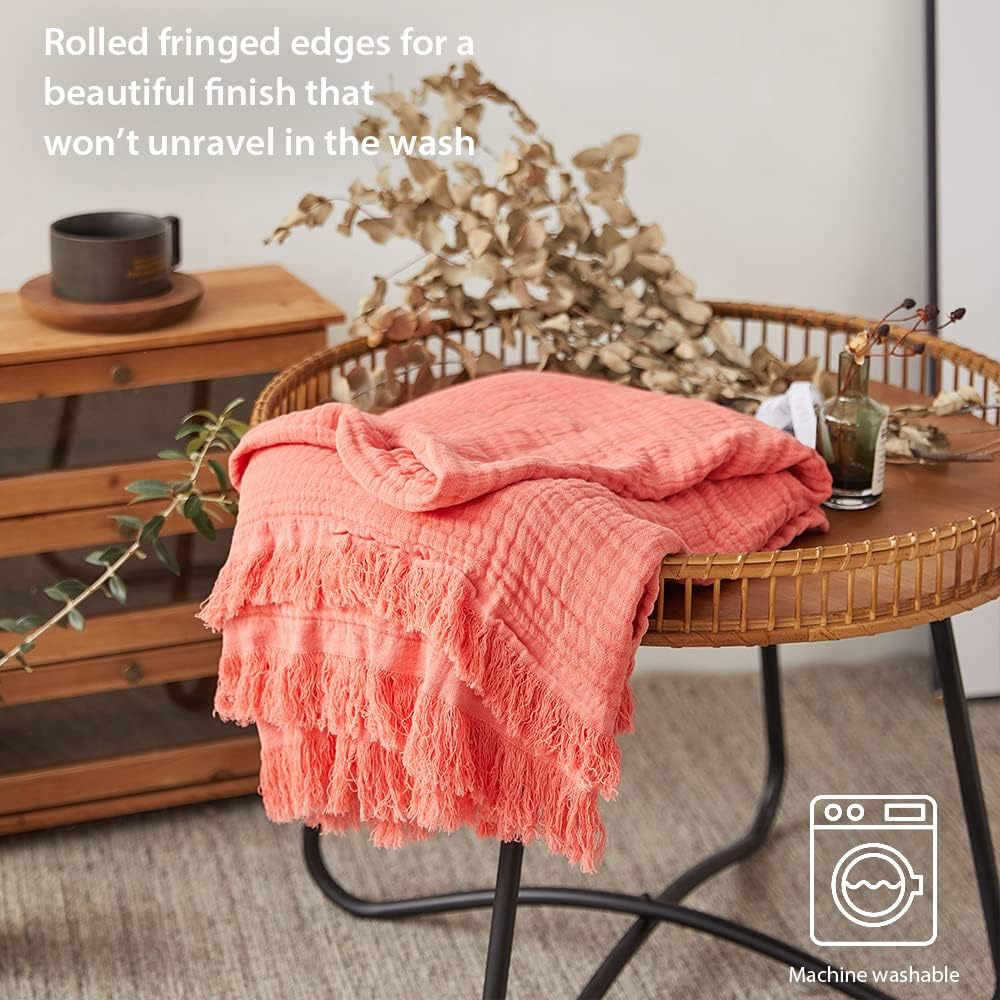 Simple&Opulence Cotton Muslin Throw Blanket for Bed, Couch, Knit Woven Gauze Blanket with Tassels, Soft Lightweight Cozy Pre-Washed Breathable Farmhouse Decoration for All-Season (Coral Red) - Image 4