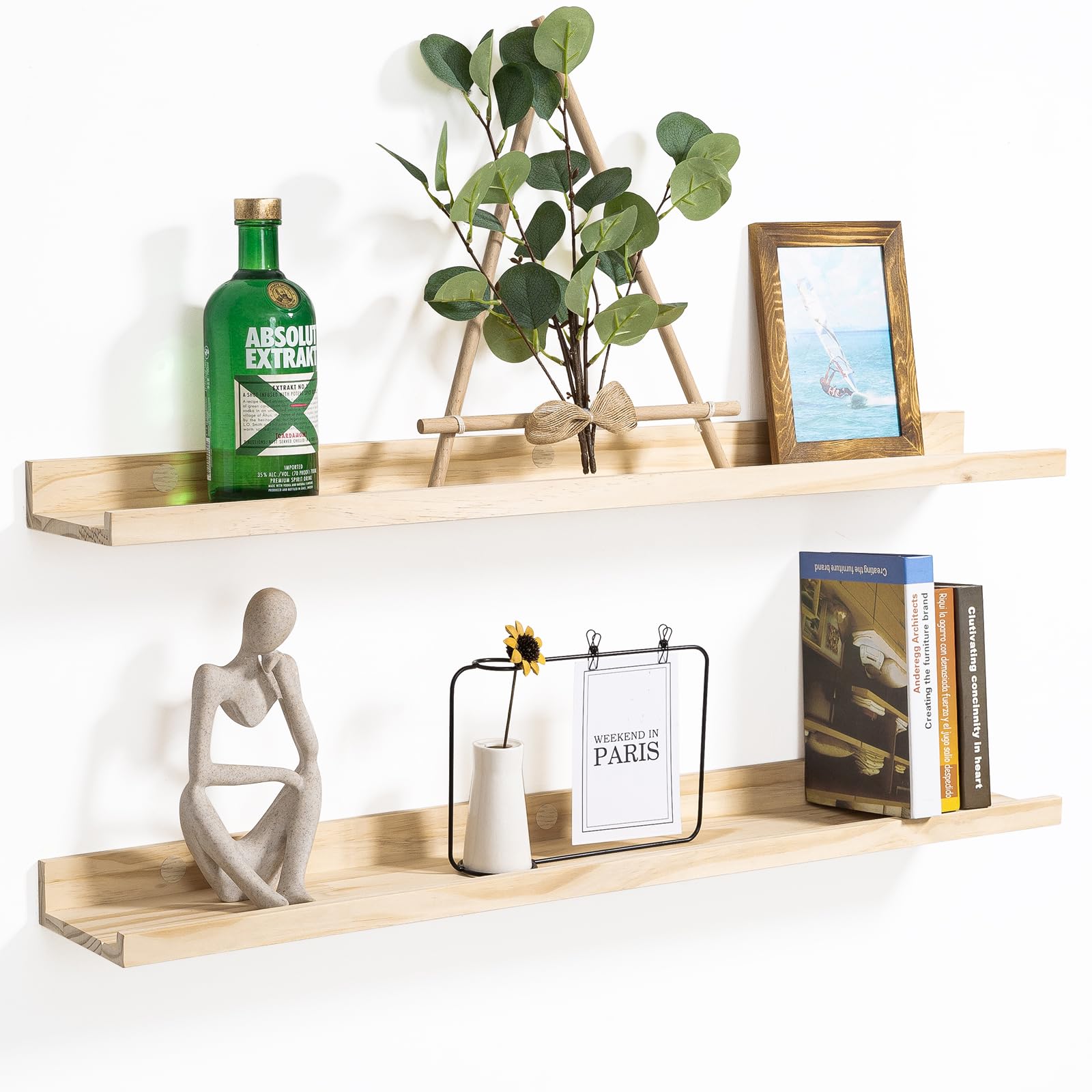 36 Inch Floating Shelves Wall Mount Natural Wood Photo Picture Ledge Shelves with Lip Book Shelves with Ledge for Home Decor and Storage Set of 2 Hanging Shelves for Bedroom Living Room Bathroom