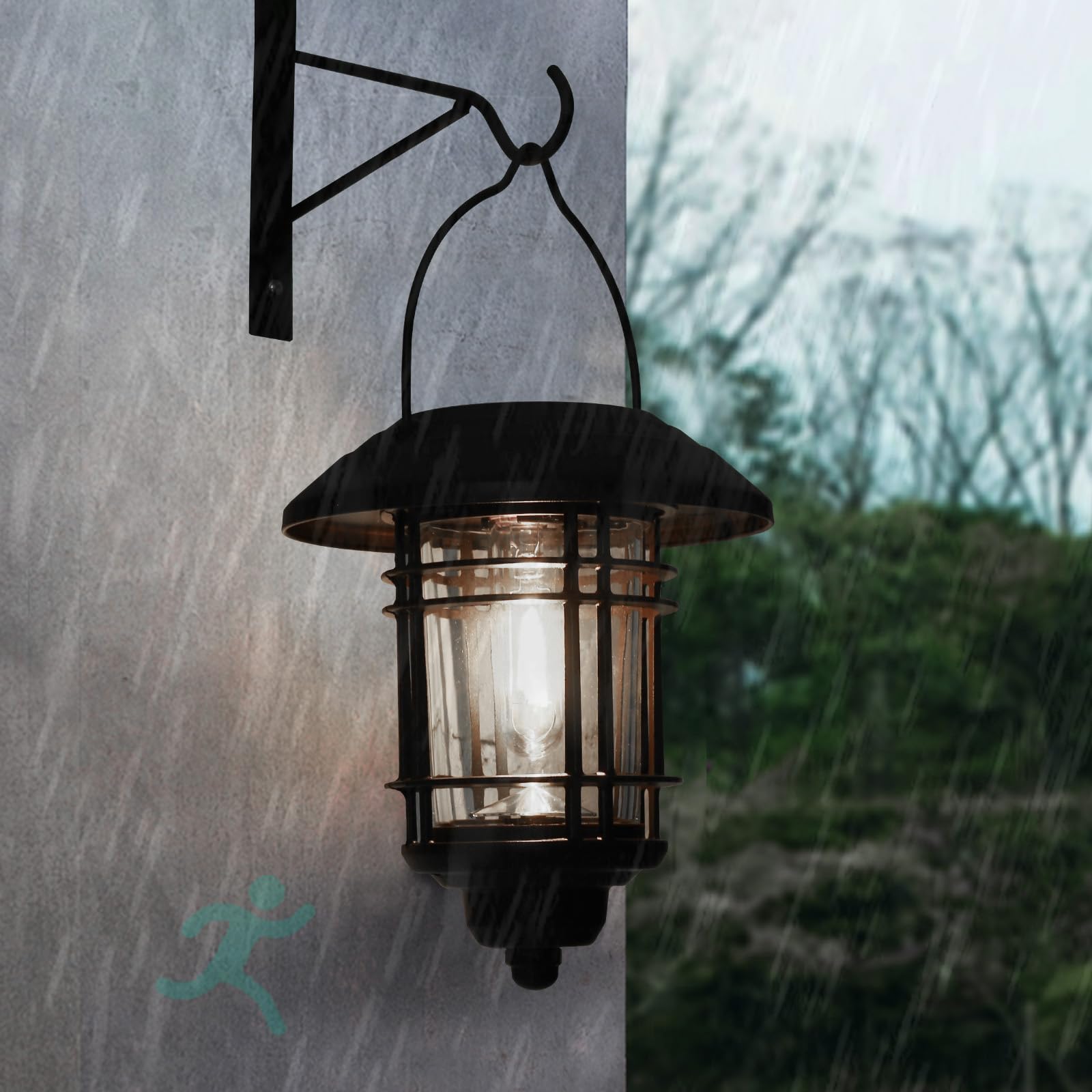 Solarna lampa ścienna zewnętrzna wisząca IP65 Wodoodporna lampa ścienna z kloszem przezroczyste szkło oświetlenie ścienne z czujnikiem ruchu, balkon, taras (czarne białe światło, 1 sztuka)