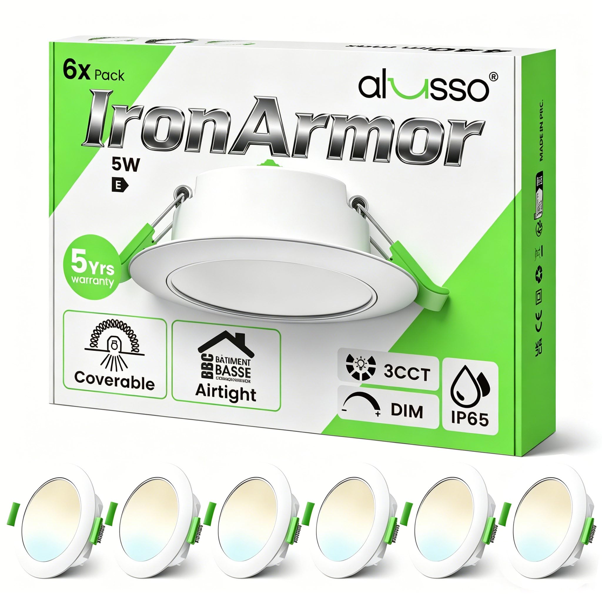 ALUSSO Metall LED Einbaustrahler 230V Dimmbar, IP65 Deckenspots Badezimmer Metall 3CCT, 5W 550lm, Luftdicht Isolierung Abdeckbar, ultraflach 27,7mm, Ausschnitt 68-75mm, IC Rated, Weiß, 6er Set