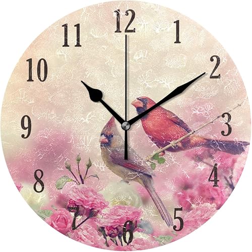 senya Reloj de pared, silencioso, redondo, con diseño de cardenales y pájaros, funciona con pilas, para decoración del hogar, para sala de estar, senya Reloj de pared, silencioso, redondo, con diseño de cardenales y pájaros, funciona con pilas, para decoración del hogar, para sala de estar,