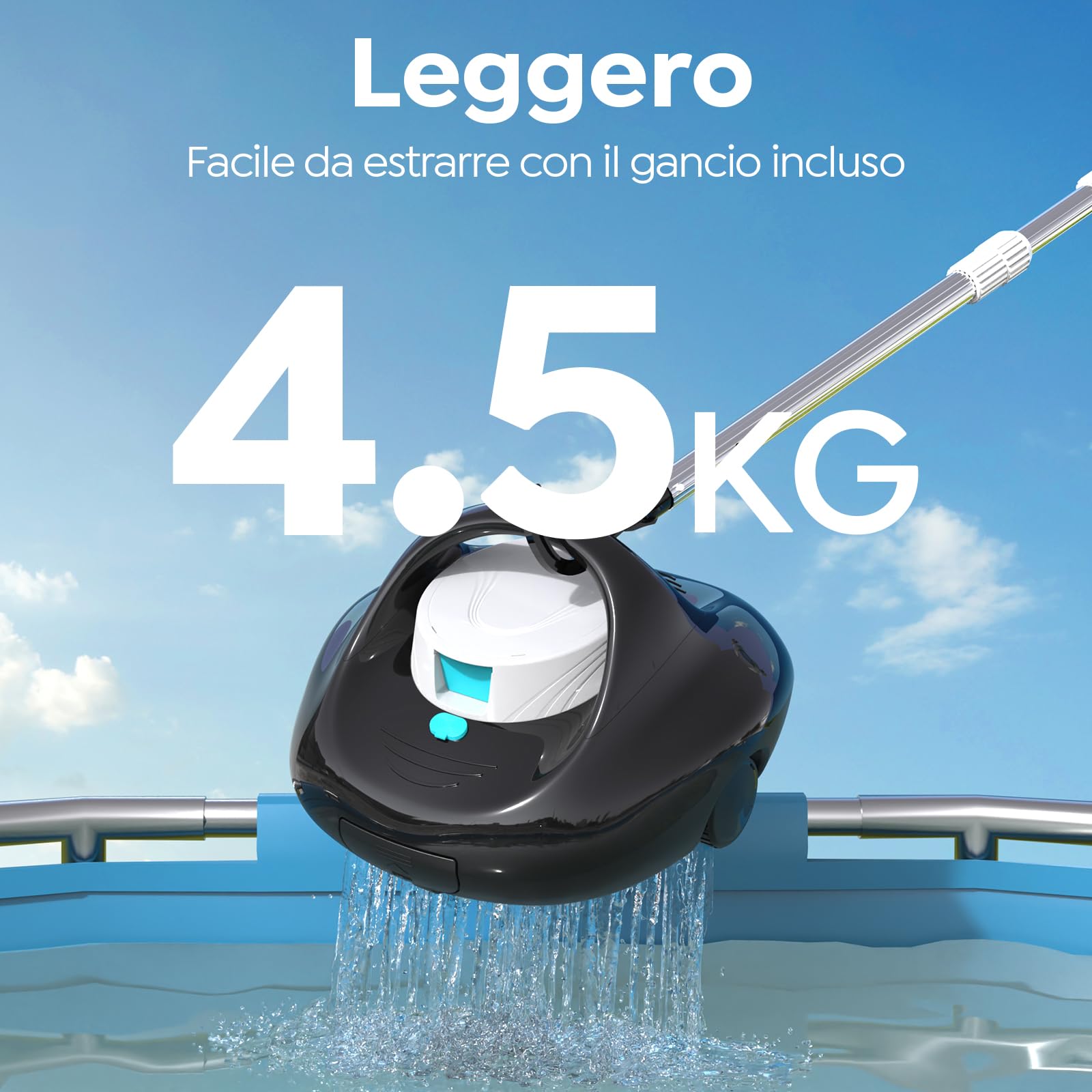 2026 Robot Pulitore per Piscine, Ricarica 2.5H con 130 Minuti Autonomia, Doppio Motore Trazione Potente, Copertura 80 m²（Nero）