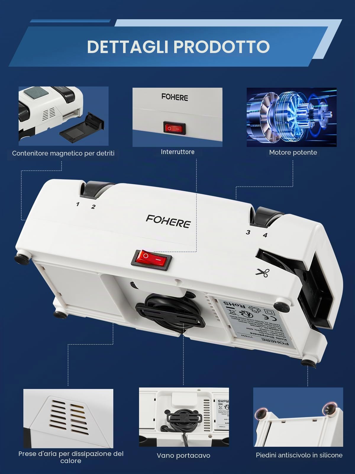 FOHERE Affilacoltelli Elettrico Professionale 5 in 1, 2 Raccoglitrucioli Magnetici, Abrasivi Diamantati al 100% per Coltelli da Cucina in Acciaio Doppio, Forbici e Cacciaviti a Taglio