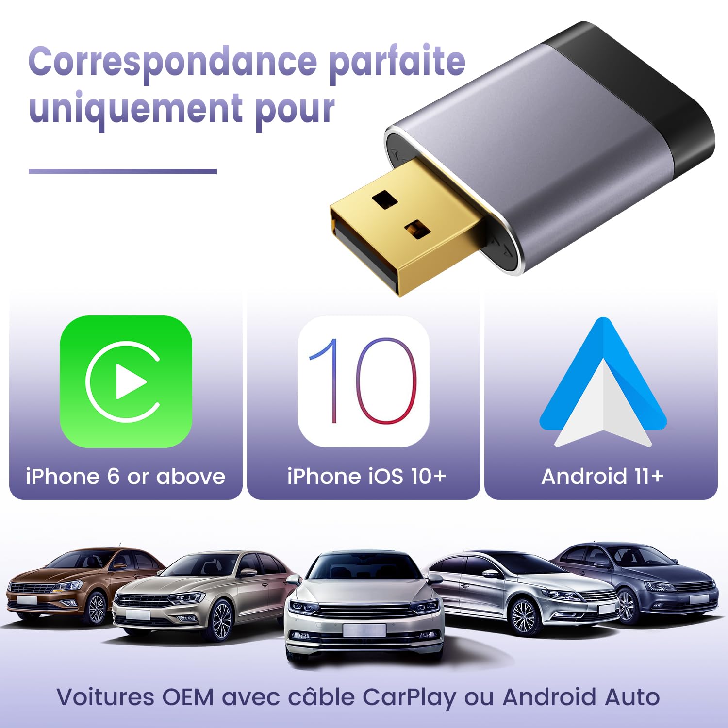 Mini Adaptateur CarPlay sans Fil pour Apple/Android Auto, sans Latence & Surchauffe, Compatible avec iPhone (iOS 10+) et Android 10+