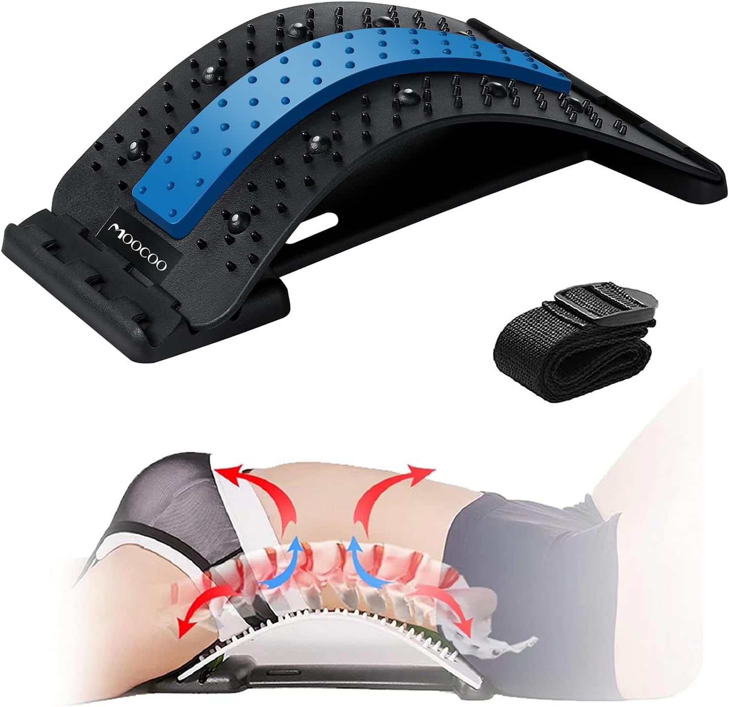 Back Stretcher, Moocoo Lower Back Pain Relief Device with Magnet, Multi-Level Back Cracker Back Massager, Lumbar Support Spine Board for Herniated Disc, Sciatica, Scoliosis (Z-Black)