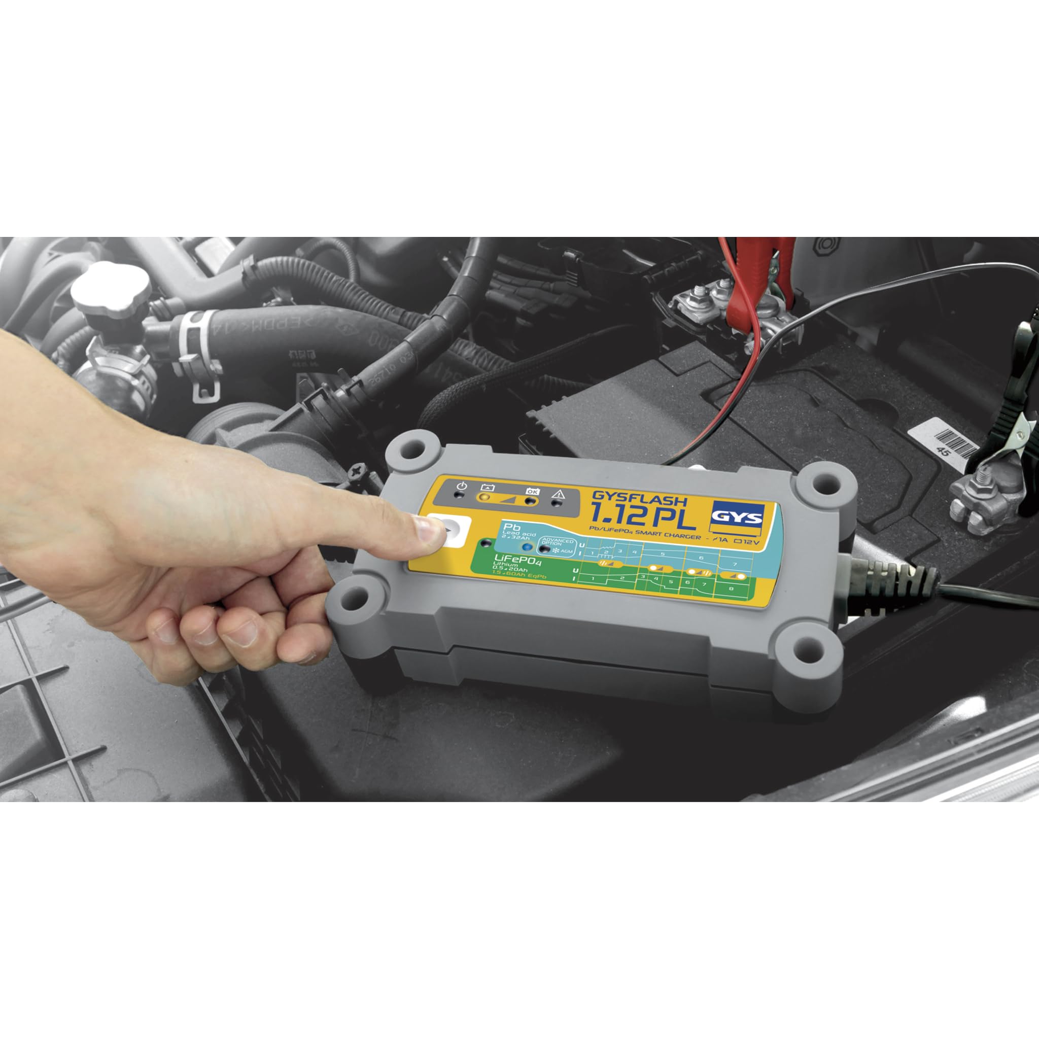 GYS - GYSFLASH 1.12, Caricabatterie/Mantenimento di Carica per Le Batterie, 12V, 1A, Piombo e Litio, Caricatore Intelligente, mantenitore, Moto, Auto, Moto d’Acqua, Showroom - 026902