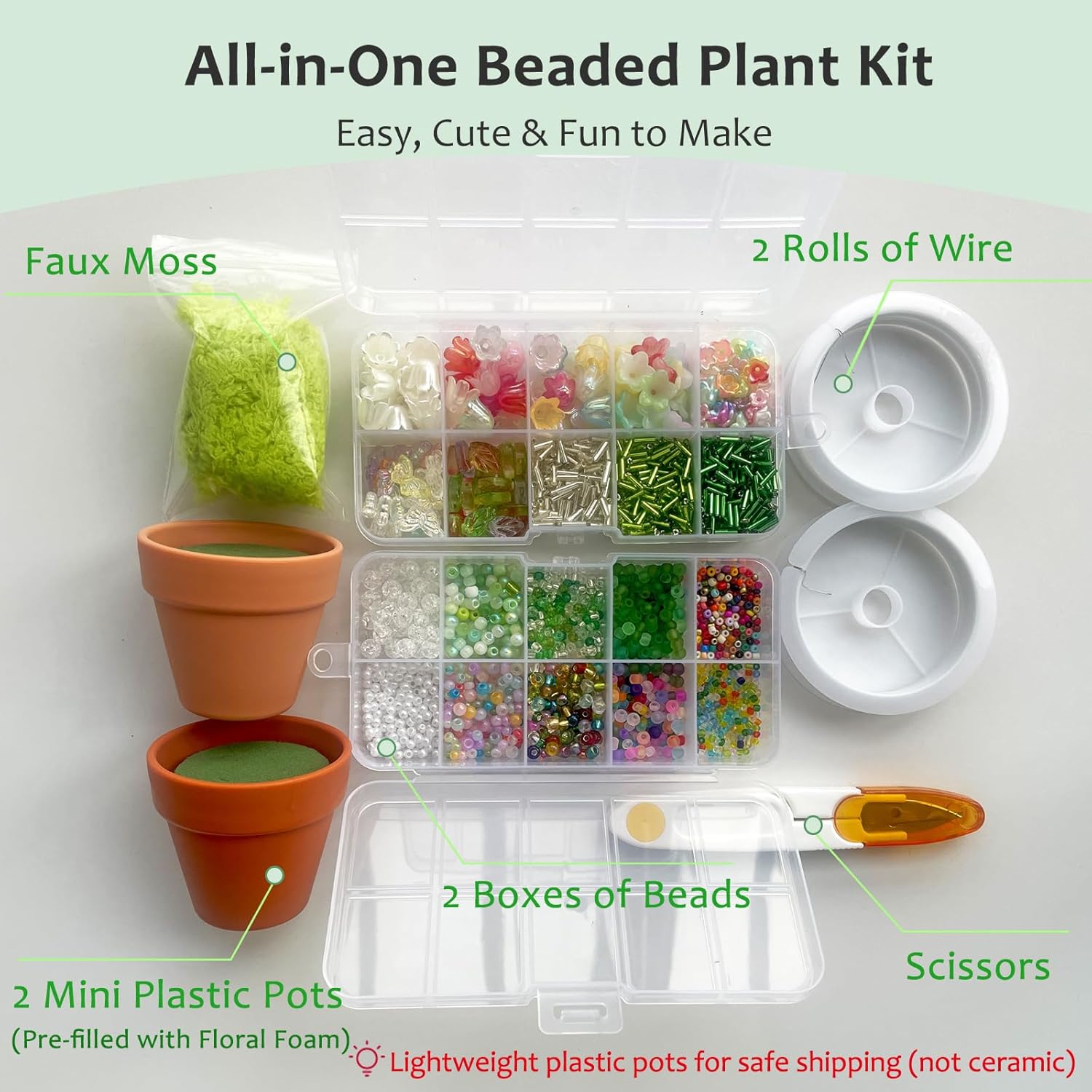 msamiagfn Beaded Plant Kit with Green Beads for Beaded Plants, Leaf Beads & Flower Beads (2 Mini Potted Plants)