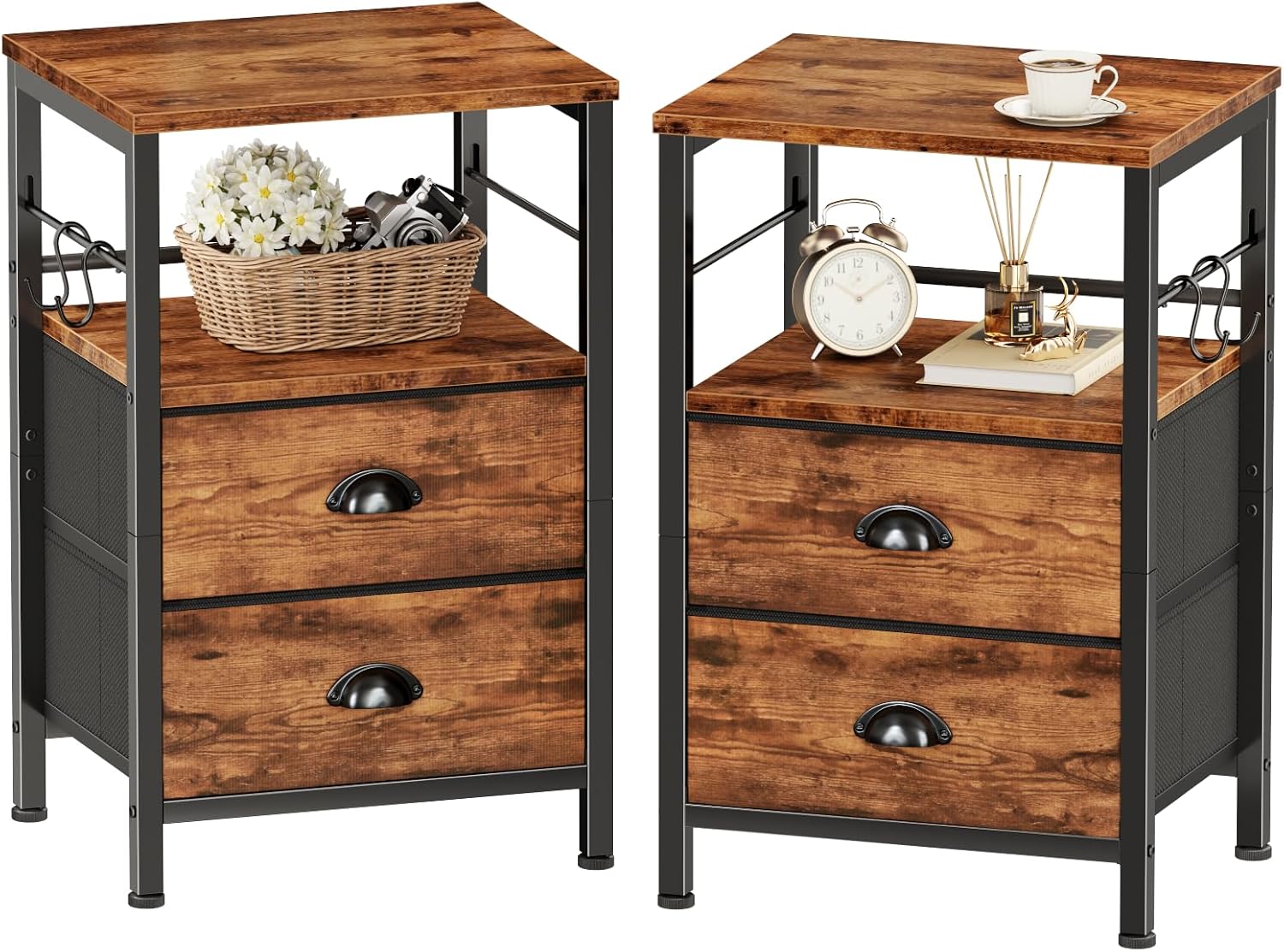 Furologee Night Stand Set of 2, Nightstand with 2 Fabric Drawers, Bed Side Table with Open Shelf, Wooden Top, Hooks, Backboard Design, End Table for Bedroom, Study, Hallway, Brown