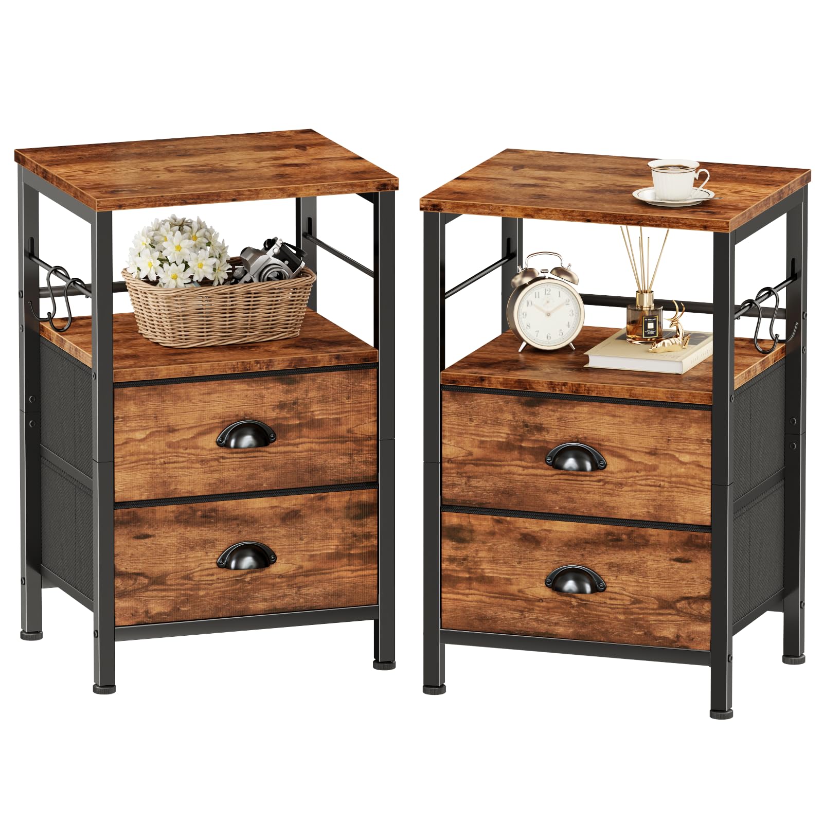 Photo 1 of Furologee Night Stand Set of 2, Nightstand with 2 Fabric Drawers, Bed Side Table with Open Shelf, Wooden Top, Hooks, Backboard Design, End Table for Bedroom, Study, Hallway, Brown