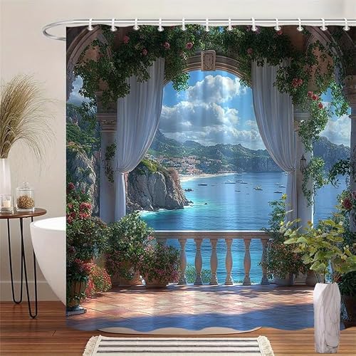 GLKSDLPO Sea View Shower Curtain Waterproof Bathroom Curtains Mediterranean Balcony Ocean Sailboat Bath Screen Divider(150x180cm/59x71in(WxH)