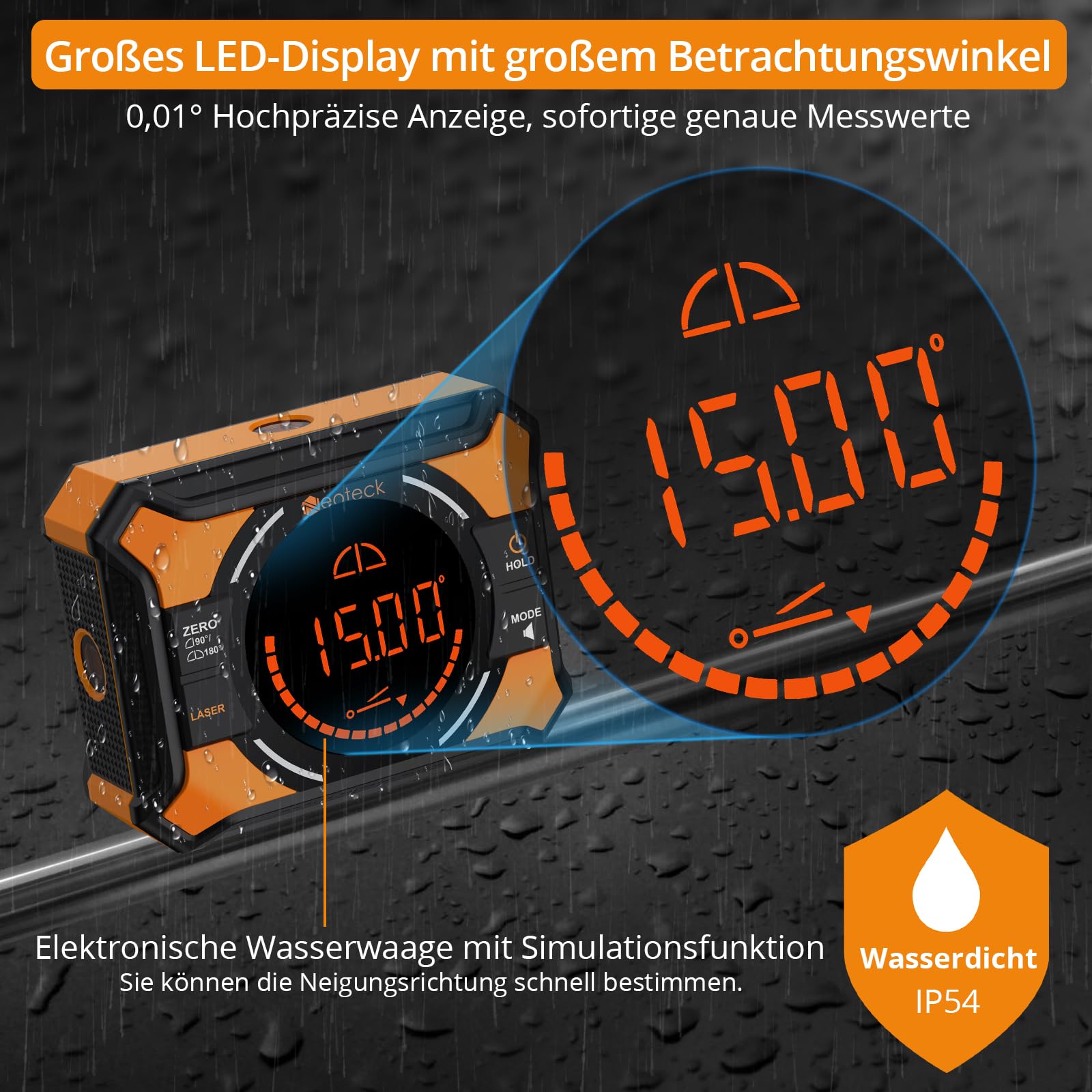 Neoteck Digitaler Winkelmesser 3 IN 1 Neigungsmesser Laser Wasserwaage mit LED Display, Kreuzlinie für Holzarbeiten, Säge, Hängerahmen, DIY