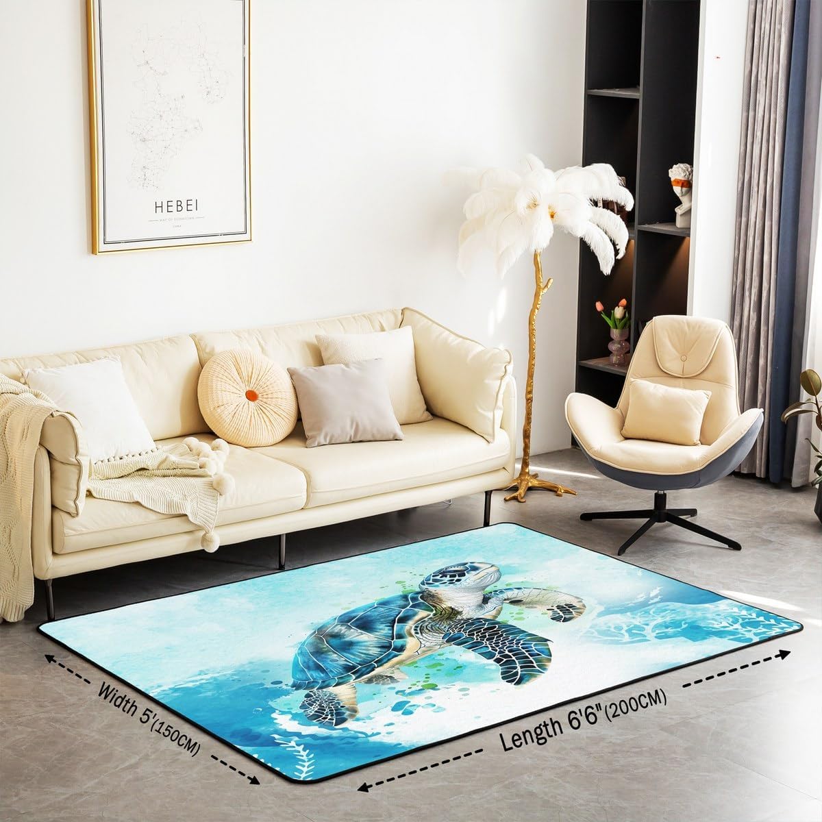 Feelyou Sea Turtle Blue Teal Decorative Rug Area Rug 3x5 Kids Ocean Decorative Carpet for Boys Girls Teens Beach Coastal Living Room Rugs Non-Slip Animal Indoor Floor Mat Room Decor Accent Rug