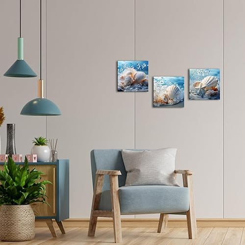 Miniatura 3 de Canvbay 3 piezas de arte de pared de conchas marinas, impresiones en lienzo con temática de playa azul, cuadros de pintura costera, conchas marinas