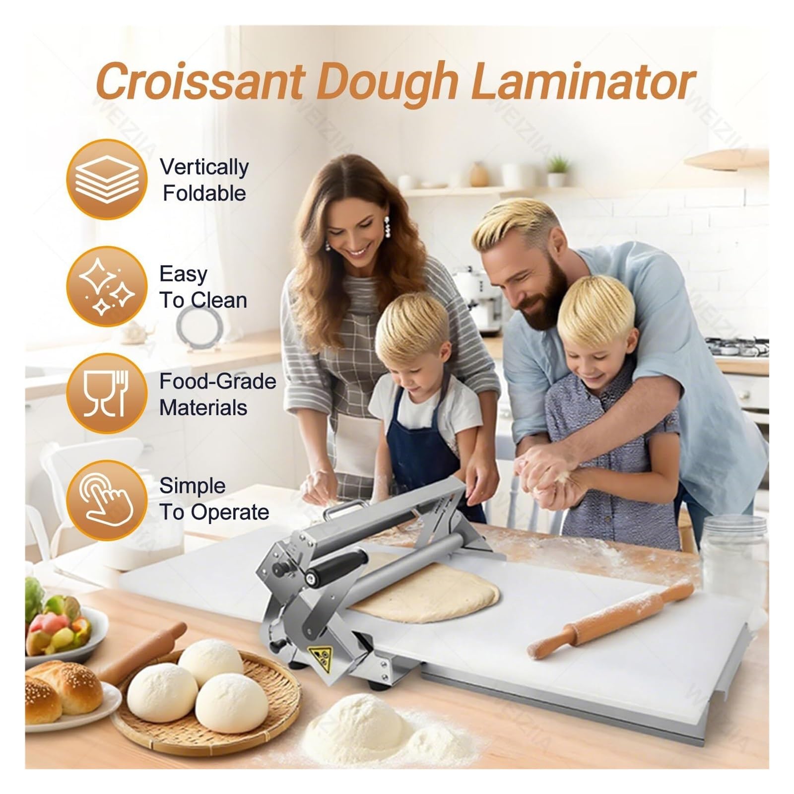 Manuelle Teigausleger, Croissant Teig Laminiergerät, Teigmaschine aus Edelstahl, Teigstärke einstellbar 0-25mm, faltbar, für Croissants und Pizzabäckereien