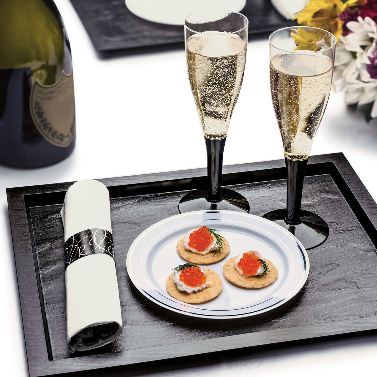 Party Essentials 2 Piece Hard Plastic 5 oz Black Stem Champagne Flutes, Clear/Black, 10 Count