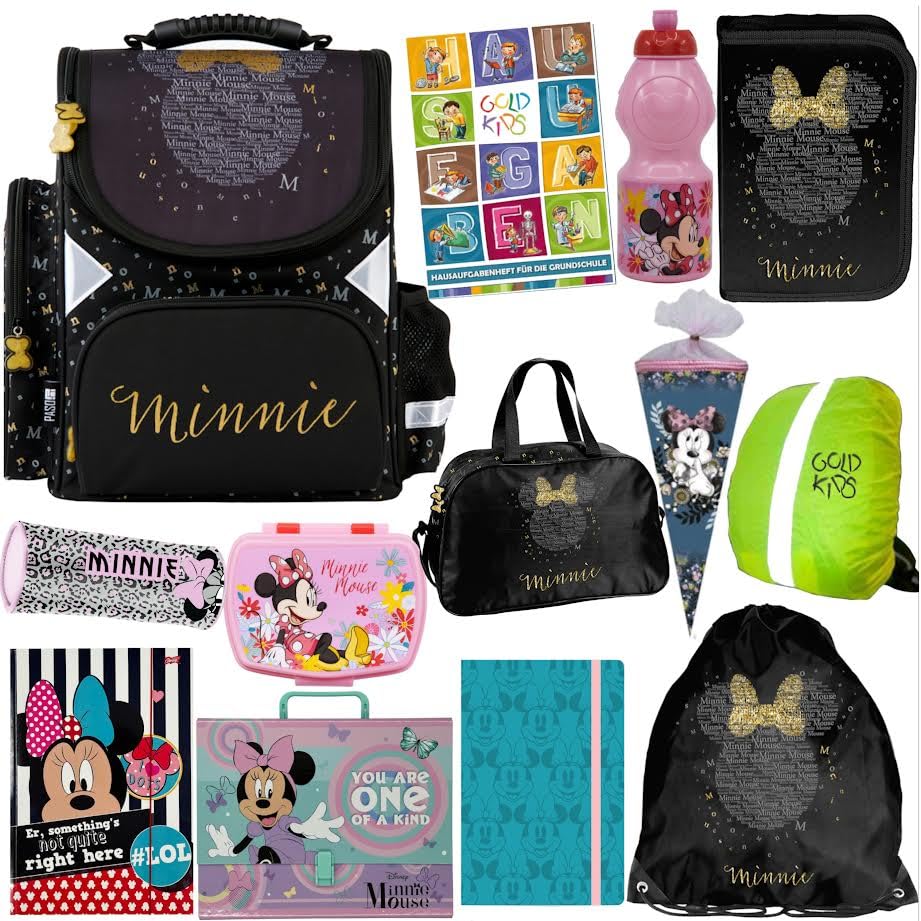 Goldkids - Schulranzen für Jungen und Mädchen, 13er-Set - Schul-Rucksack für Kinder mit Federmäppchen - Schuhbeutel, Brotdose, Trinkflasche und Hausaufgabenheft - Minnie Maus Motiv - 1-3 Klasse