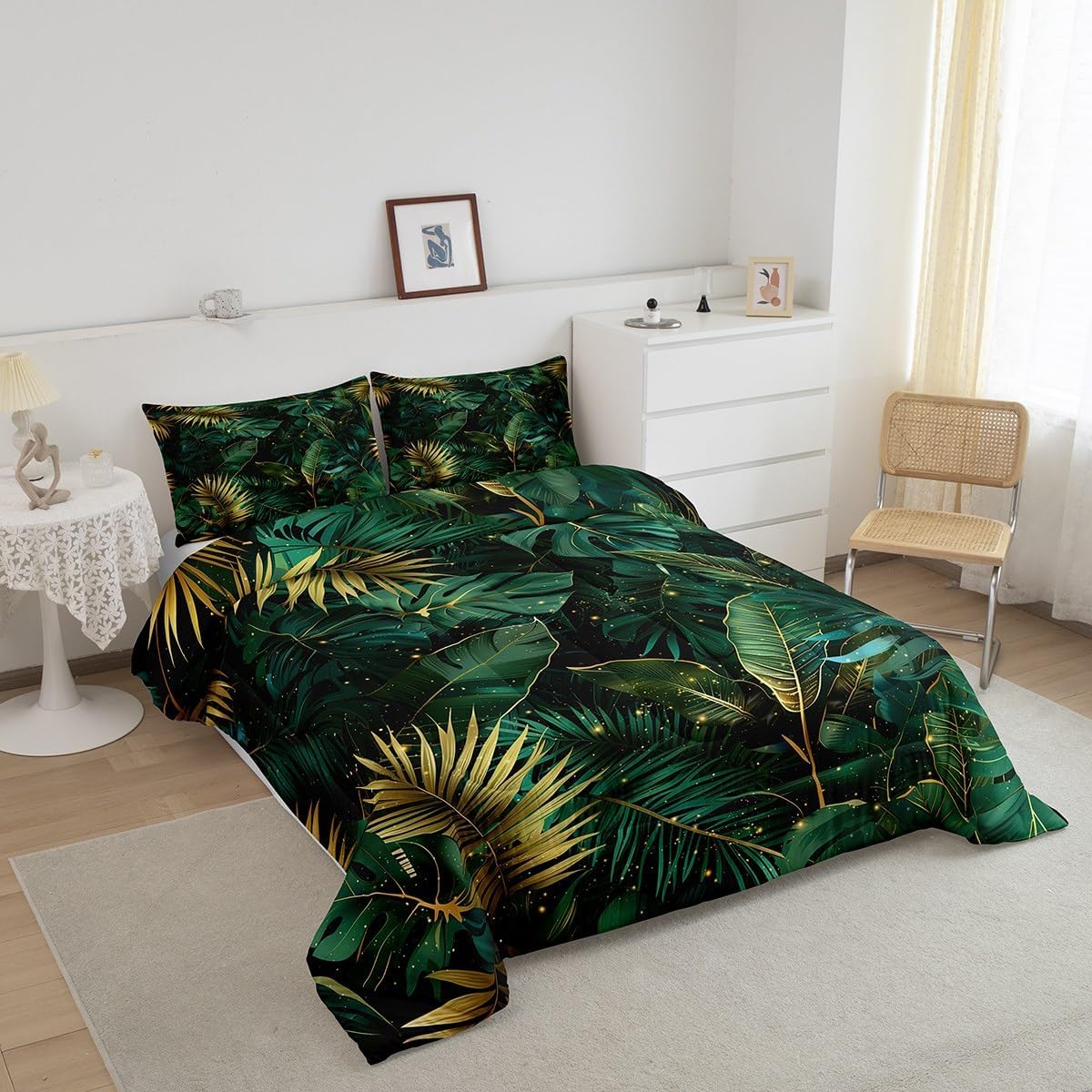Erosebridal Palm Leaf Queen Bedding Comforter Sets Tropical Palm Tree Bedding Set Green Plant Leaves Comforter Set Watercolor Botanical Leaf Quilt Set for Kids Boys Girls Teen Room Decor