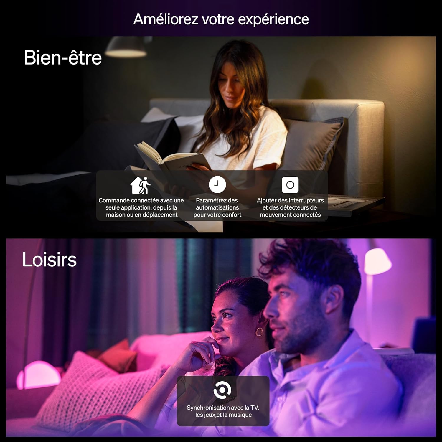 Philips Hue Essential Kit de démarrage avec Bridge + 4 ampoules connectées E27 Essential, White and Color Ambiance, 2200-6500 K, Ampoule Philips Hue compatible Alexa, Google Assistant, Apple Home