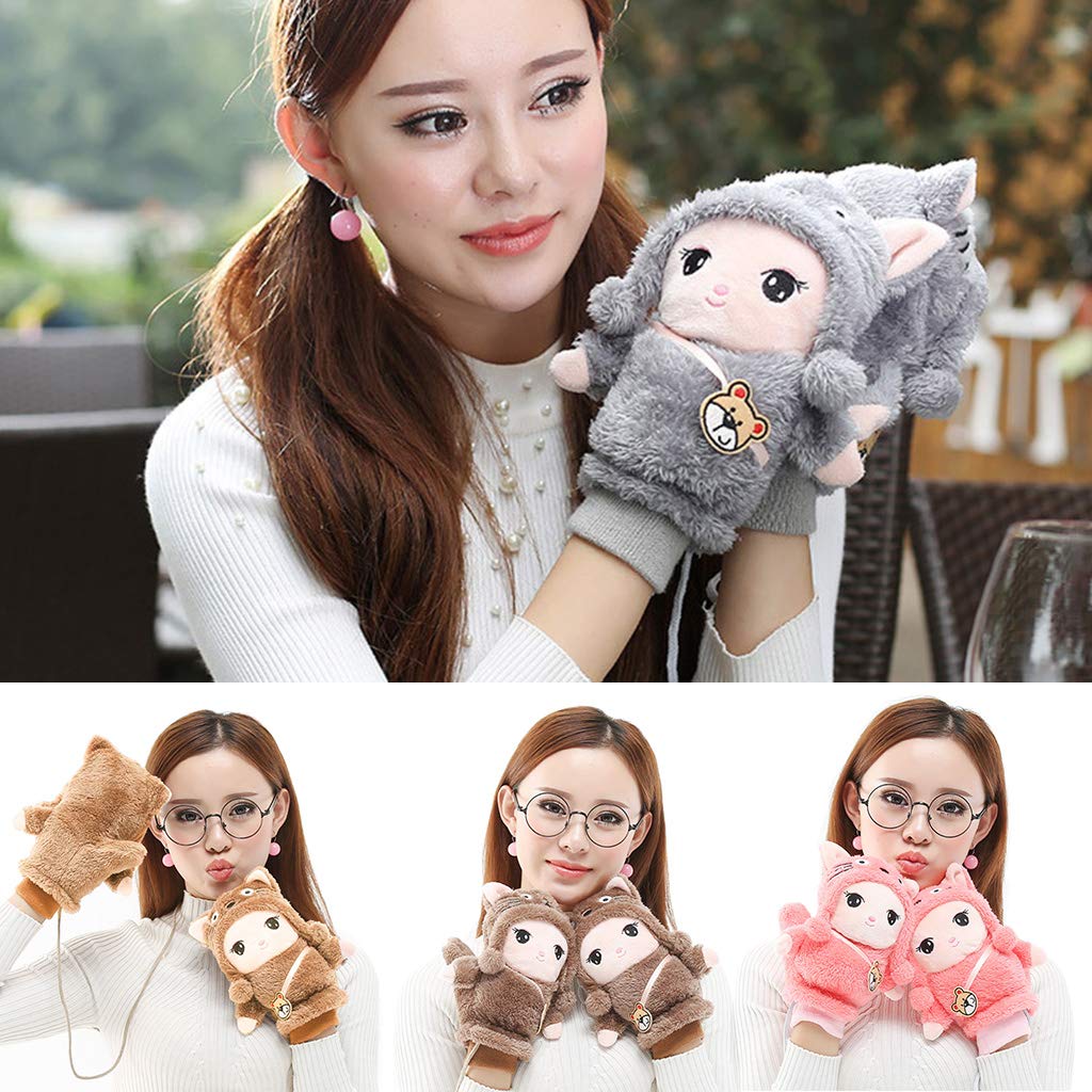 Women Cartoon Embroidery Fuzzy Plush Gloves With String Winter Windproof Thicken Lining Mittens Hand Warmer