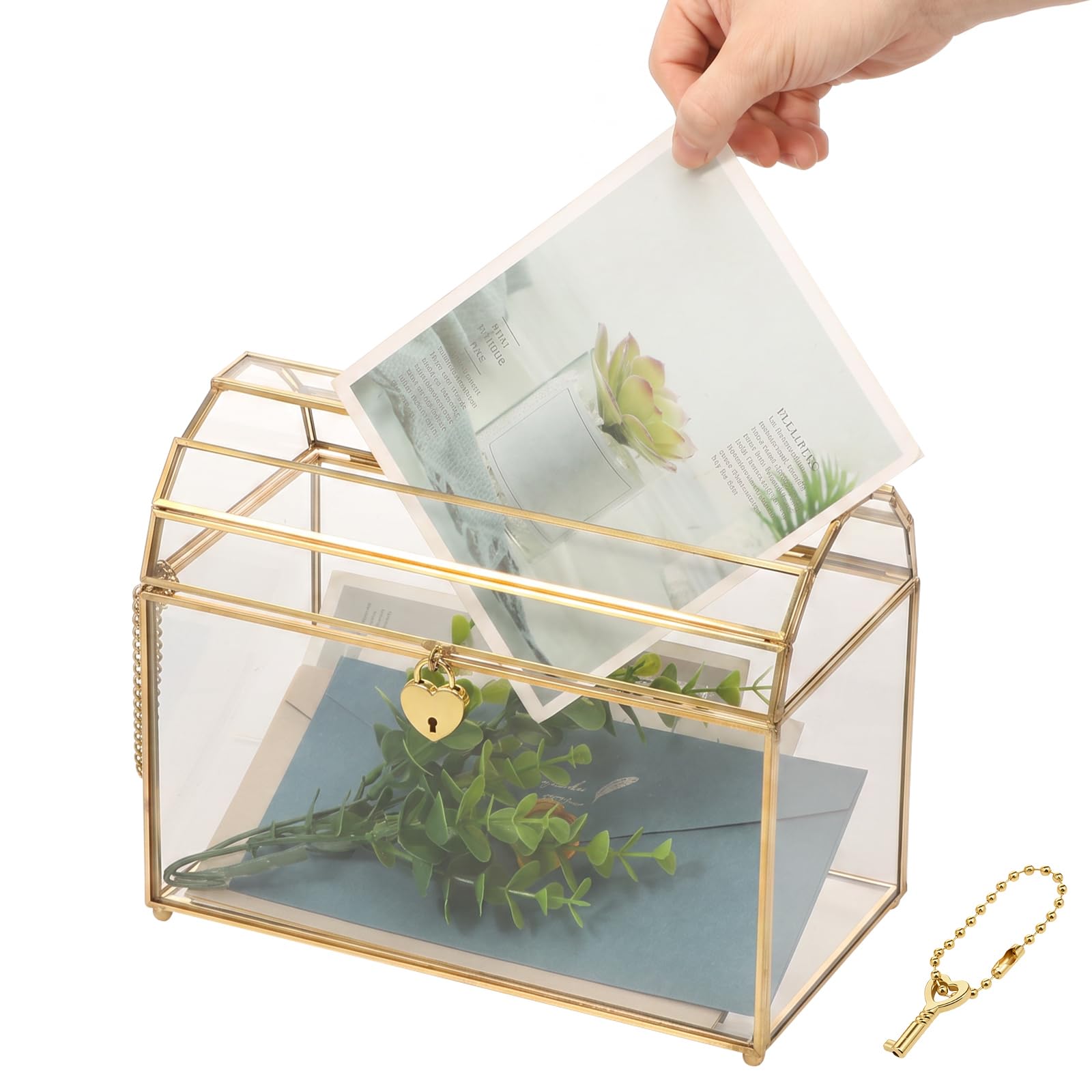 Hochzeitskarten-Box aus Glas mit Herzschloss und Einwurfschlitz | Transparenter Kartenhalter, Abschließbar mit Herzschloss, ideal für Hochzeitsempfang, Geldgeschenke und Karten