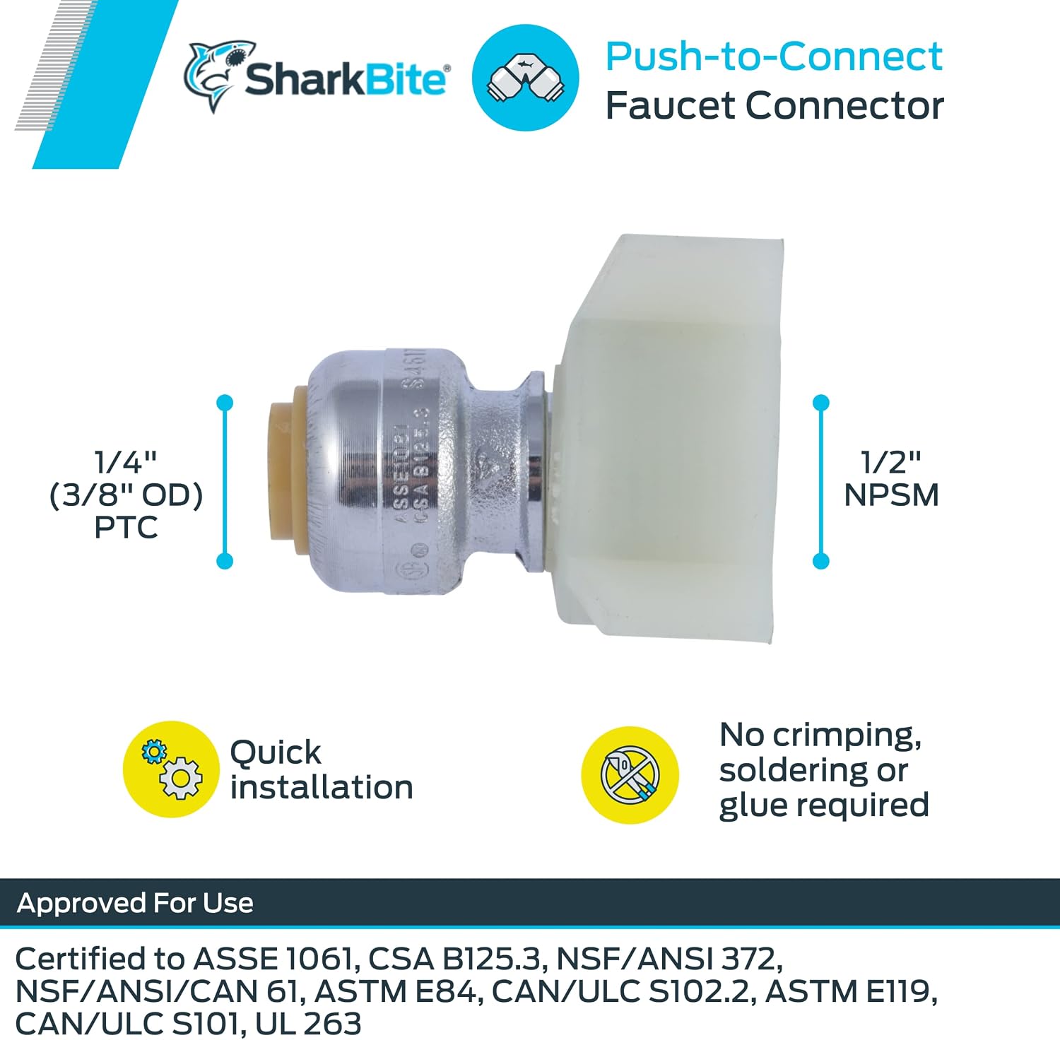 SharkBite 1/4 Inch (3/8 Inch OD) x 1/2 Inch NPSM Faucet Connector, Push to Connect Brass Plumbing Fitting, PEX Pipe, Copper, CPVC, PE-RT, HDPE, U3525LFA