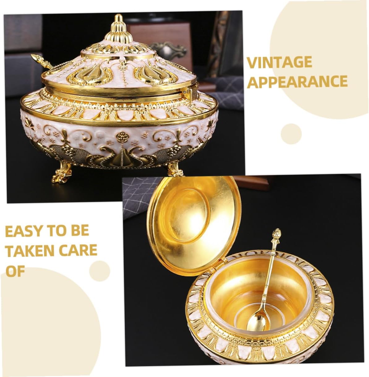 DOITOOL Tulip Clamshell Candy Jar and Spice Container Large European-style Condiment Storage Pot with Lid Gold-white for Kitchen Seasoning and Sugar Dispenser