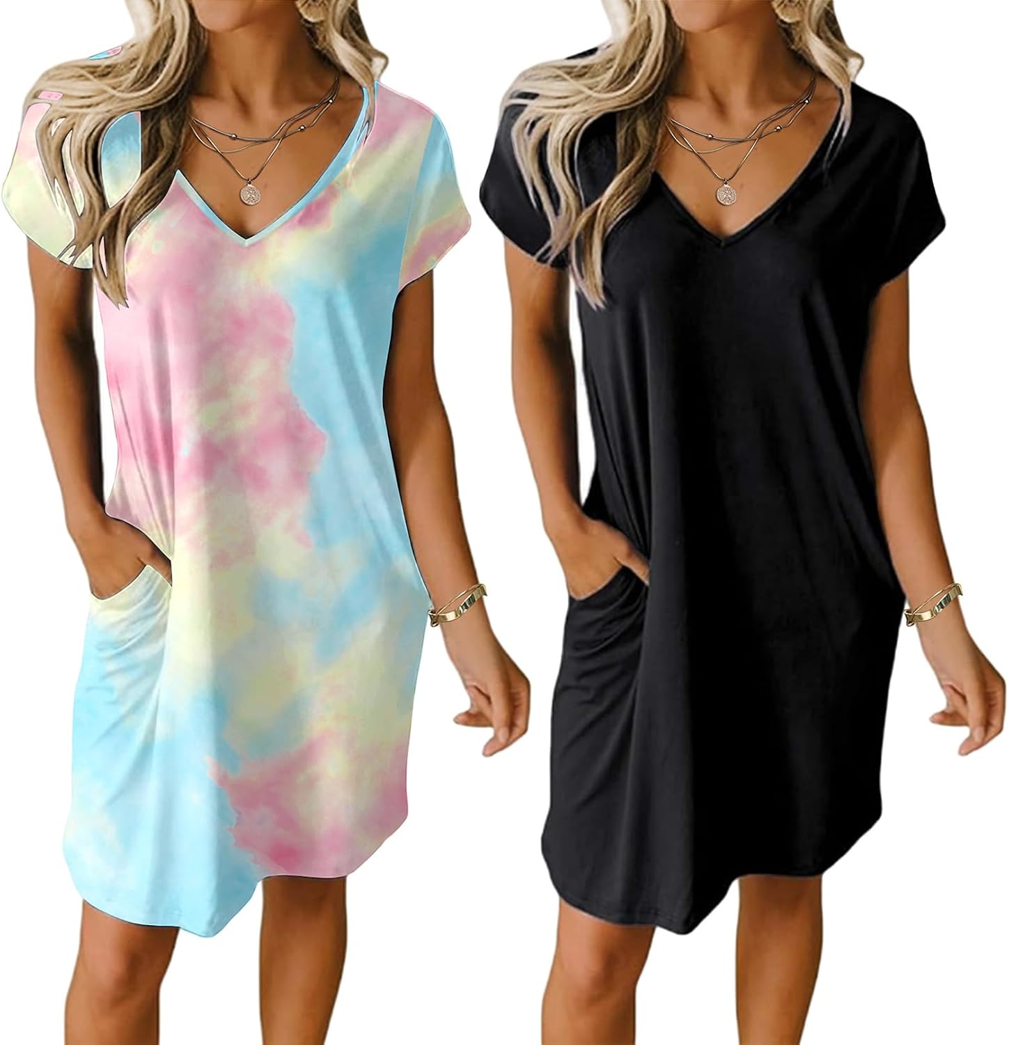 Ekouaer Womens 2 Pack Nightgown V Neck Sleepshirt Short Sleeve Nightshirt Plain/Floral Pajama Dress with Pockets