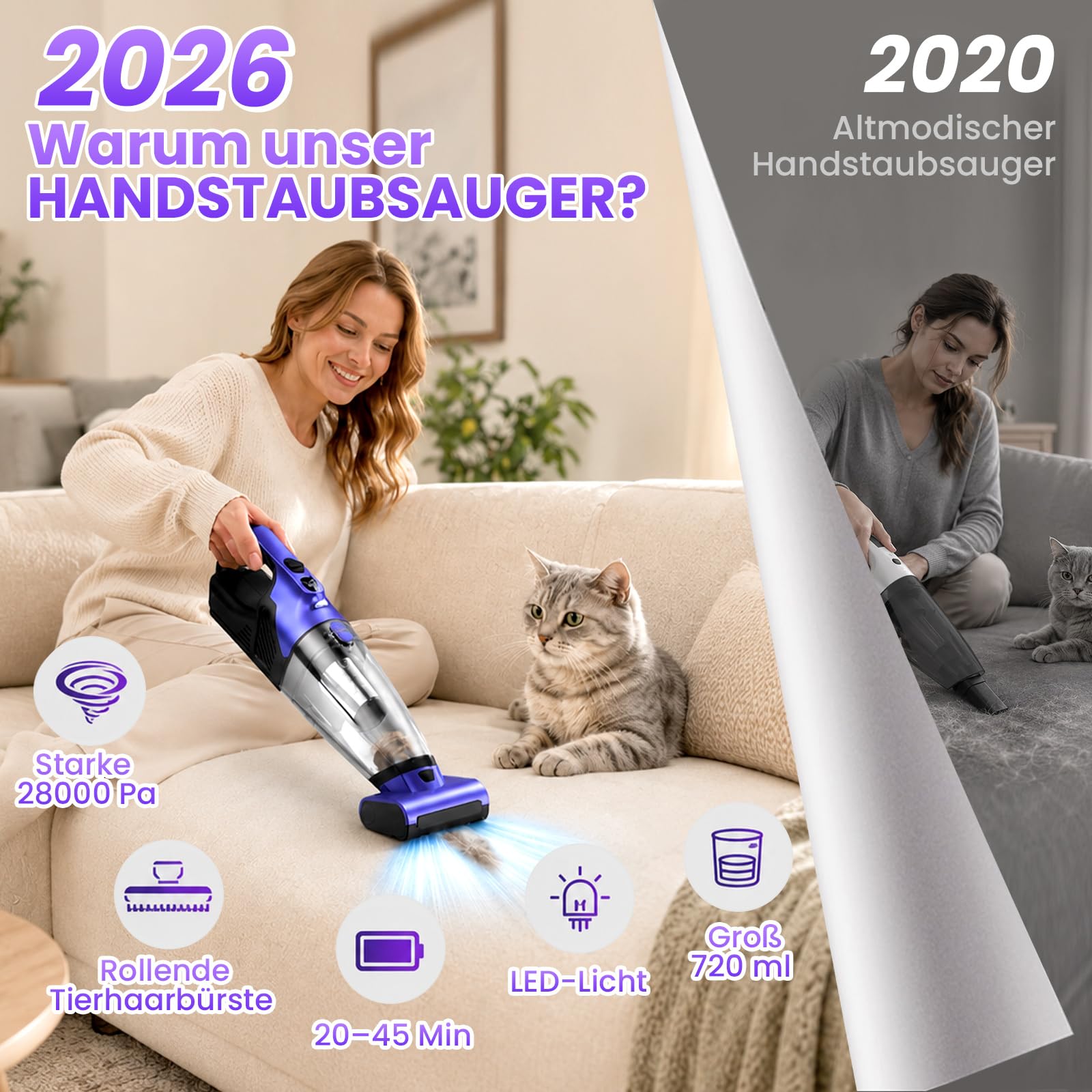 Tierhaar Handstaubsauger Akku 28000Pa mit Rotierende Bürstenrolle&LED Licht | Stark Autostaubsauger Kabellos mit 10400mAh, 720ml, 2 Saugstufen, HEPA+Metallfilter für Haustiere, Sofa, Teppich, Büro