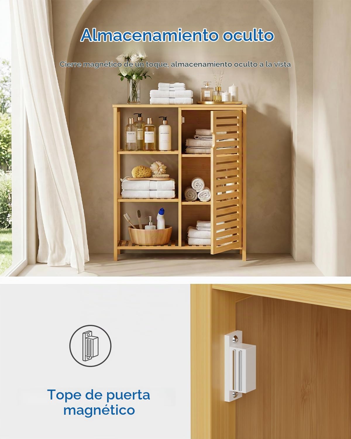 HITNET Mueble Baño Bambu, Armario Bajo Baño Auxiliar, Gabinete de Almacenamiento con Puerta y 3 Estantes Abiertos, para Sala de Estar, Cocina, Entrada, Natural