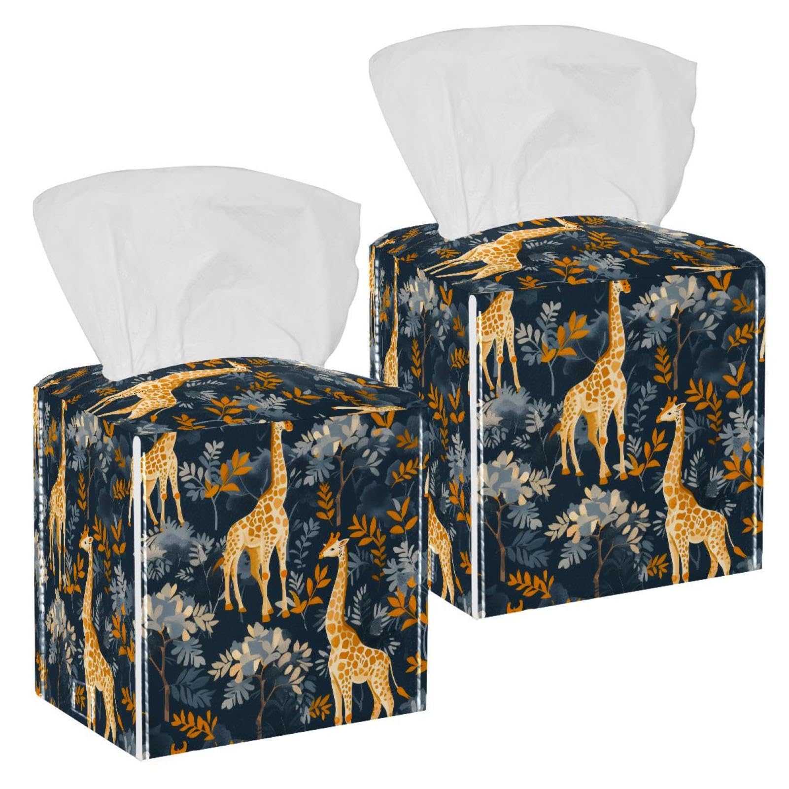 Cute Giraffe Tissue Box Cover, 2 Pack PU Leather Square Facial Tissue Dispenser Box holder for Home Office Car