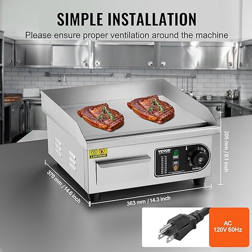 Miniatura 5 de VEVOR Plancha eléctrica comercial, parrilla de encimera de 1700 W, parrilla de acero inoxidable de 14 pulgadas con 2 palas y 2 cepillos para el