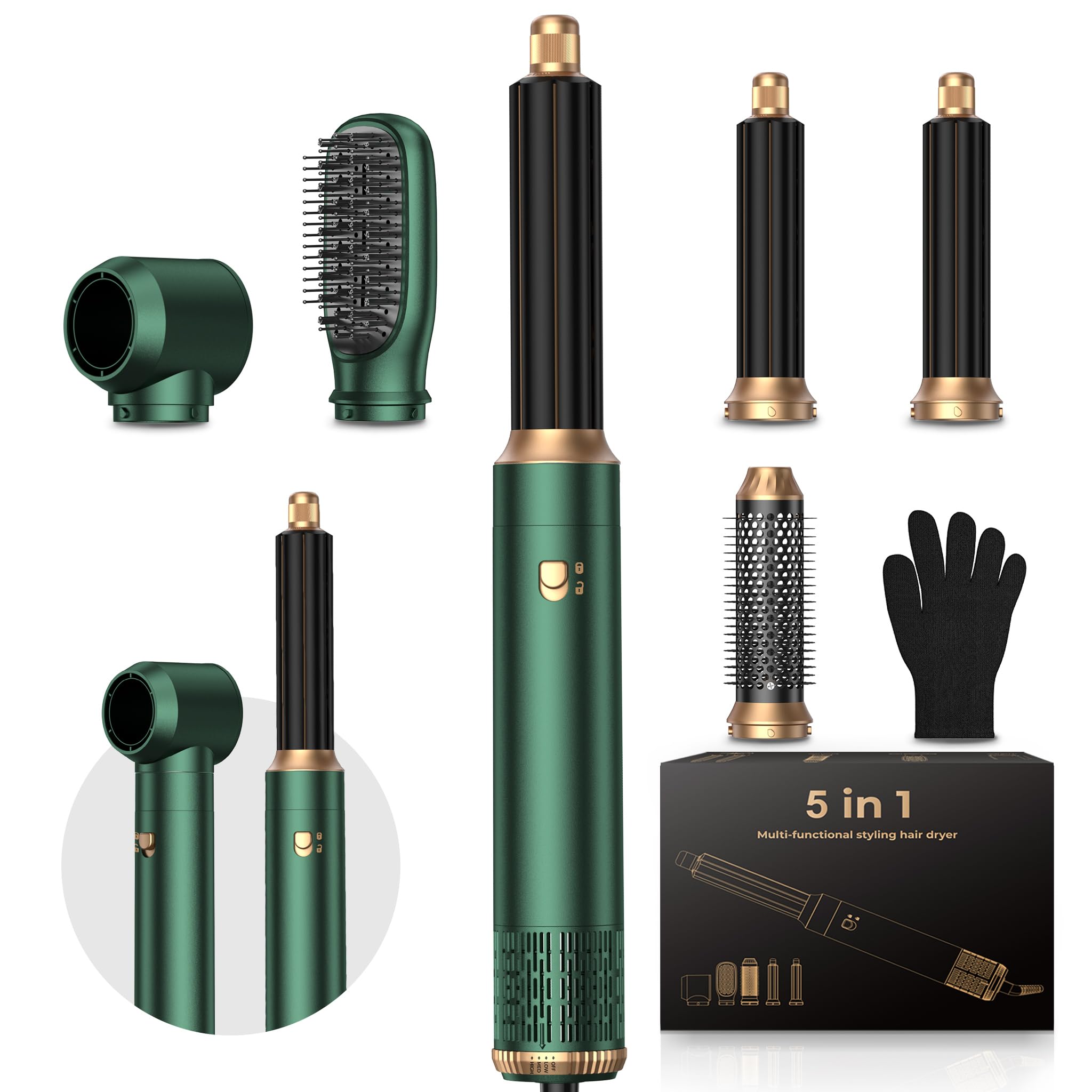 Blow Dryer Brush 5 in 1 Set, Round Brush Blow Dryer Curling Iron Hair Styling Tools Gift for Dry,Volumize, Straight,Curl,100-120V, Hot Air Styler Negative Ion Air Curling Wrap Air Curler