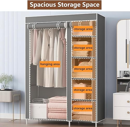Miniatura 2 de Armario portátil, armario de almacenamiento de ropa con cubierta a prueba de polvo, 6 estantes y 1 barra para colgar, organizador de almacenamiento