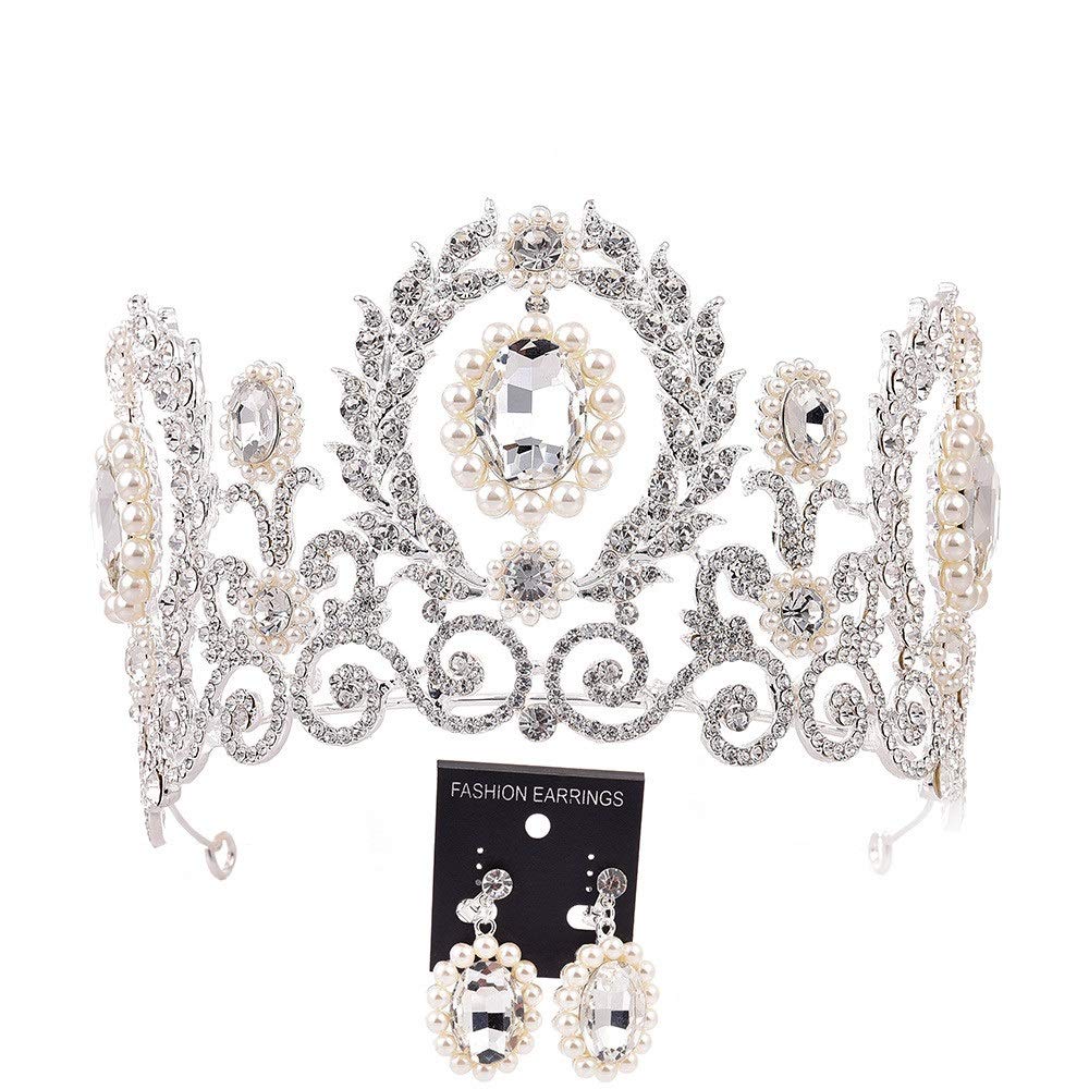 Crown for Women Crown with Earring Beauty Contest Birthday Bridal Prom Pageant Queen for Birthday Prom Party(White)
