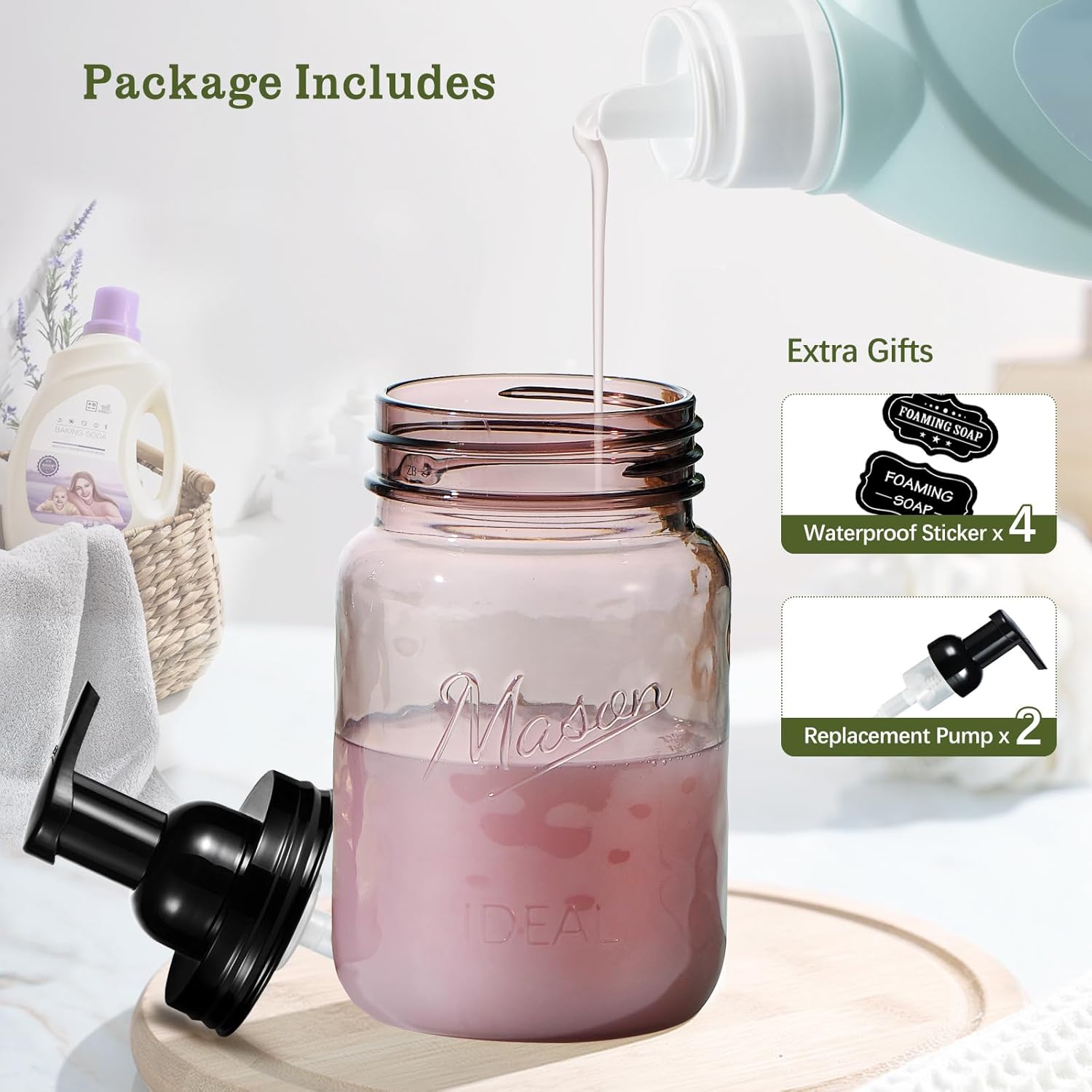 Amolliar Plastic Foaming Soap Dispenser with Pump Lid, 16Oz Refillable Foam Hand Soap Dispenser Set, Clear Dish Soap Bottles with Waterproof Lable for Farmhouse Kitchen Bathroom (2 Pack, Black) - Image 5