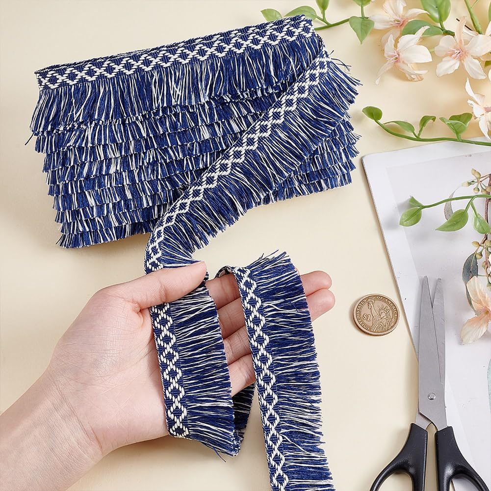 9 Yards Blue White Tassel Trim 1.46 Inch(37mm) Sewing Fringe Trim Embroidery Tassel Ribbon Fringe Ribbon for Curtain Pillow Carpet Umbrella Decoration