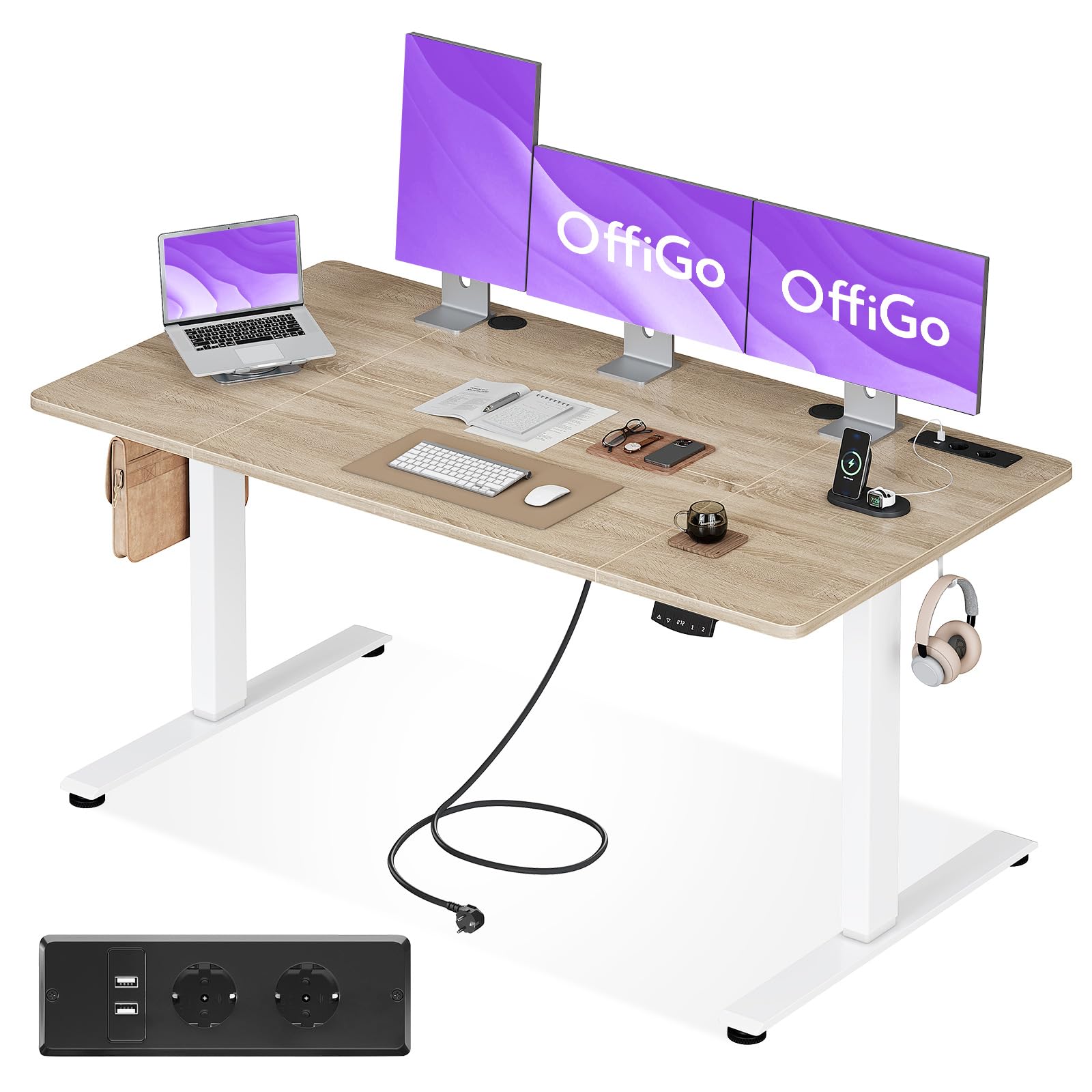 OffiGo Escritorio Elevable, 160x80cm Mesa Elevable Escritorio con Enchufes y Carga USB, Mesa Regulable Altura con 2 Memorias, Standing Desk para Oficina, Casa, Juegos, Beige