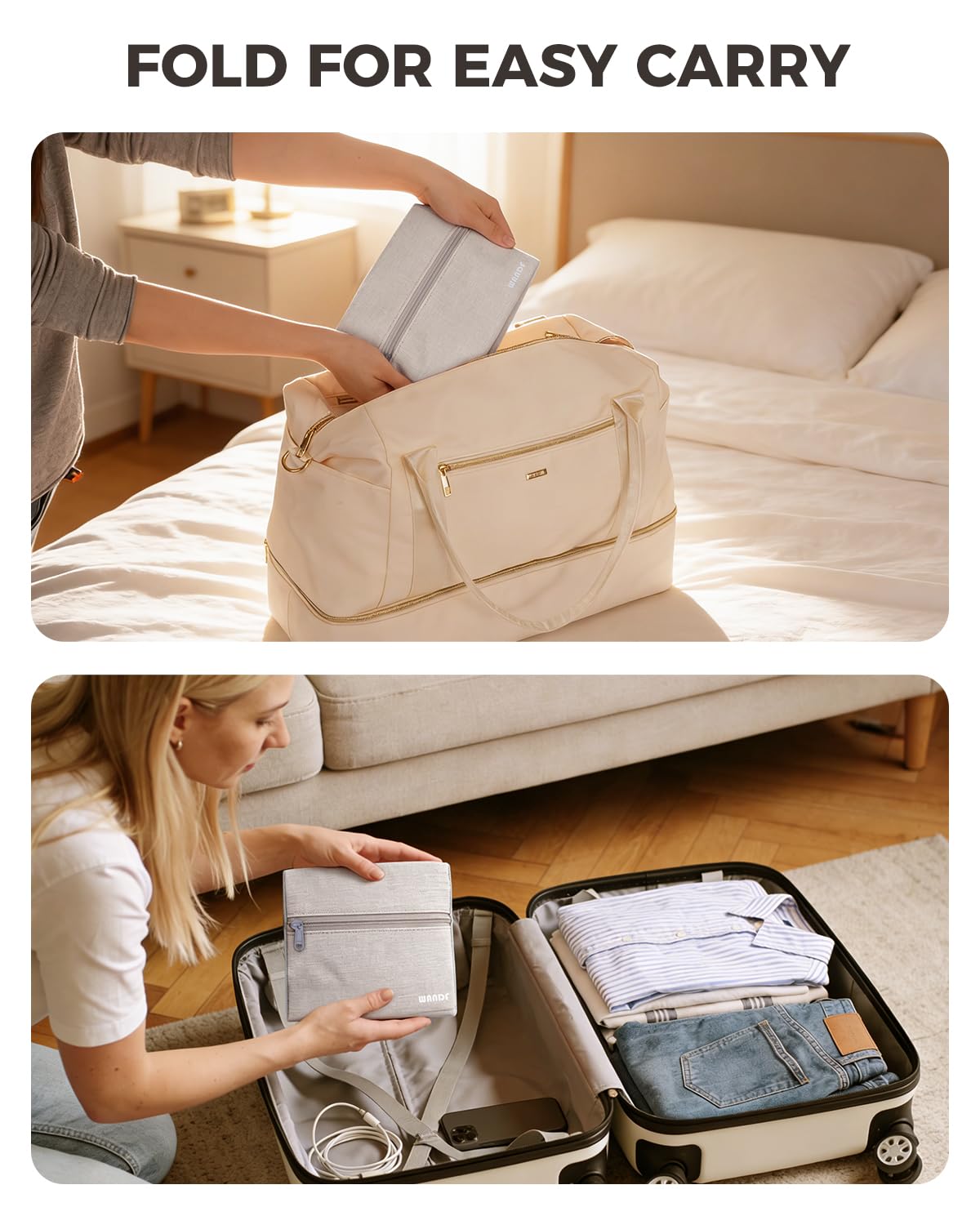 WANDF Bagaż Podręczny do Samolotu Składany Ryanair 40x20x25cm Torba Sportowa, Szpitalna, Weekendowa (Denim Beżowy 20l z Paskiem na Ramię)