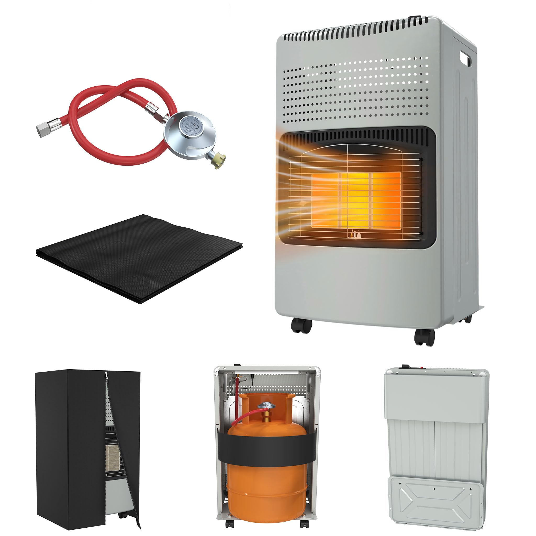 UISEBRT Gasheizung für Innenräume,Gasofen 3 Heizstufen 1500W - 2750W - 4200W,Gasheizer inkl. Gasdruckregler Gasschlauch,Heizstrahler Gasheizgerät, Infrarot, Butan- Propangasflascheng,Grau