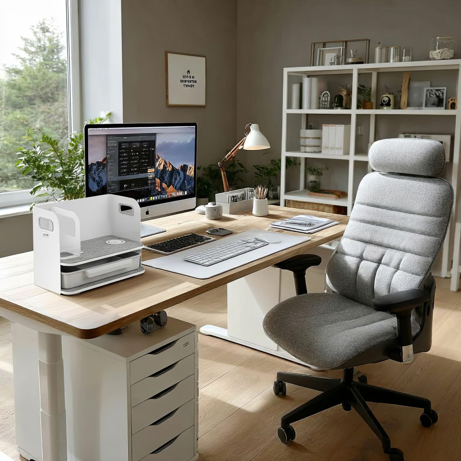 Organizzatore da scrivania con ricarica wireless Qi, cassetto e fermalibri per articoli da ufficio Stazione di ricarica Qi Organizzatore per ufficio Vassoio per ufficio fino a 10 kg Bianco