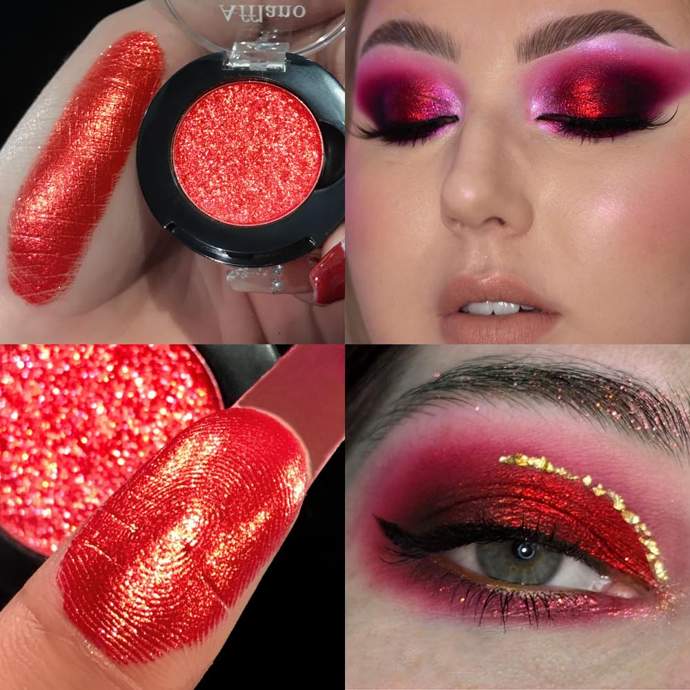 Afflano Red Glitter Eyeshadow, Diamond Bright Red Eyeshadow Instant Colour, Super Pigmented red Metallic Eyeshadows One Swipe - Image 2