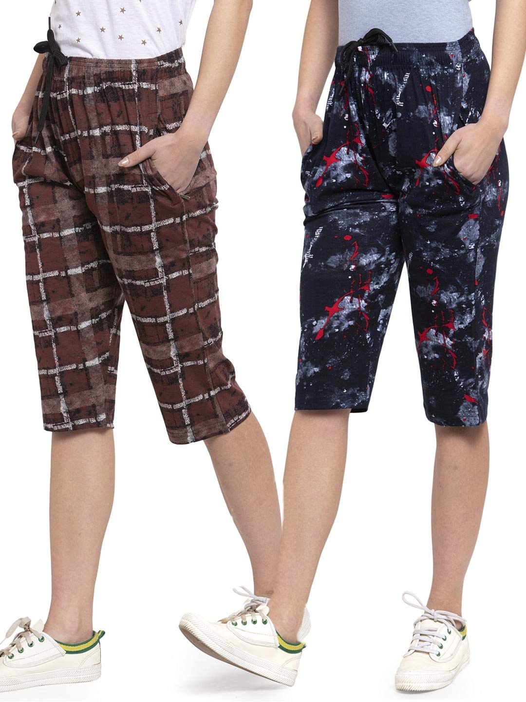 UZARUS Women's Cotton Three Fourth Capri Shorts with Two Zippered Pockets (Pack of 2)