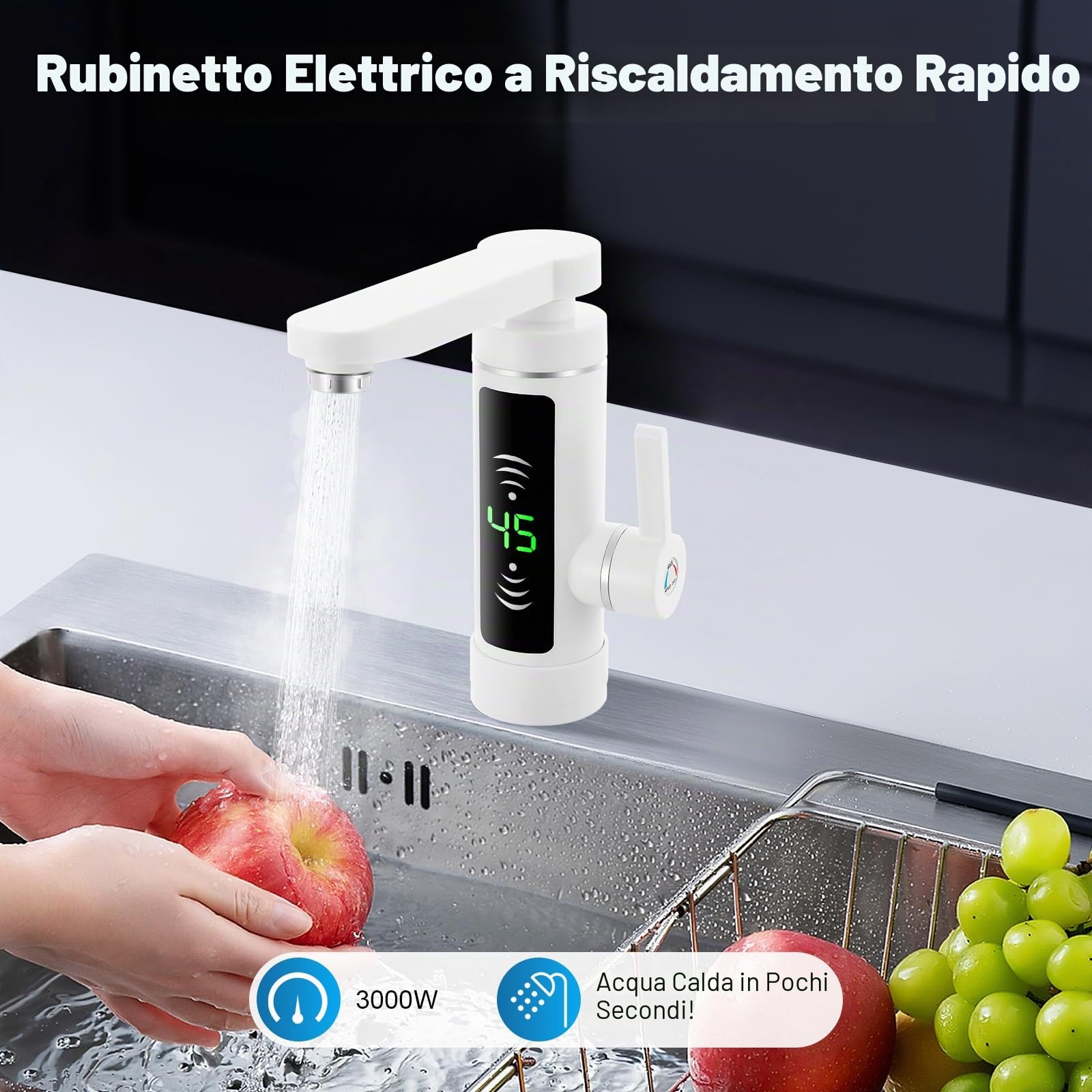 MINRS Rubinetto con scaldabagno istantaneo Rubinetto elettrico con indicatore di temperatura a LED, 3 secondi, riscaldamento rapido elettrico per casa, hotel, ristorante e altri luoghi