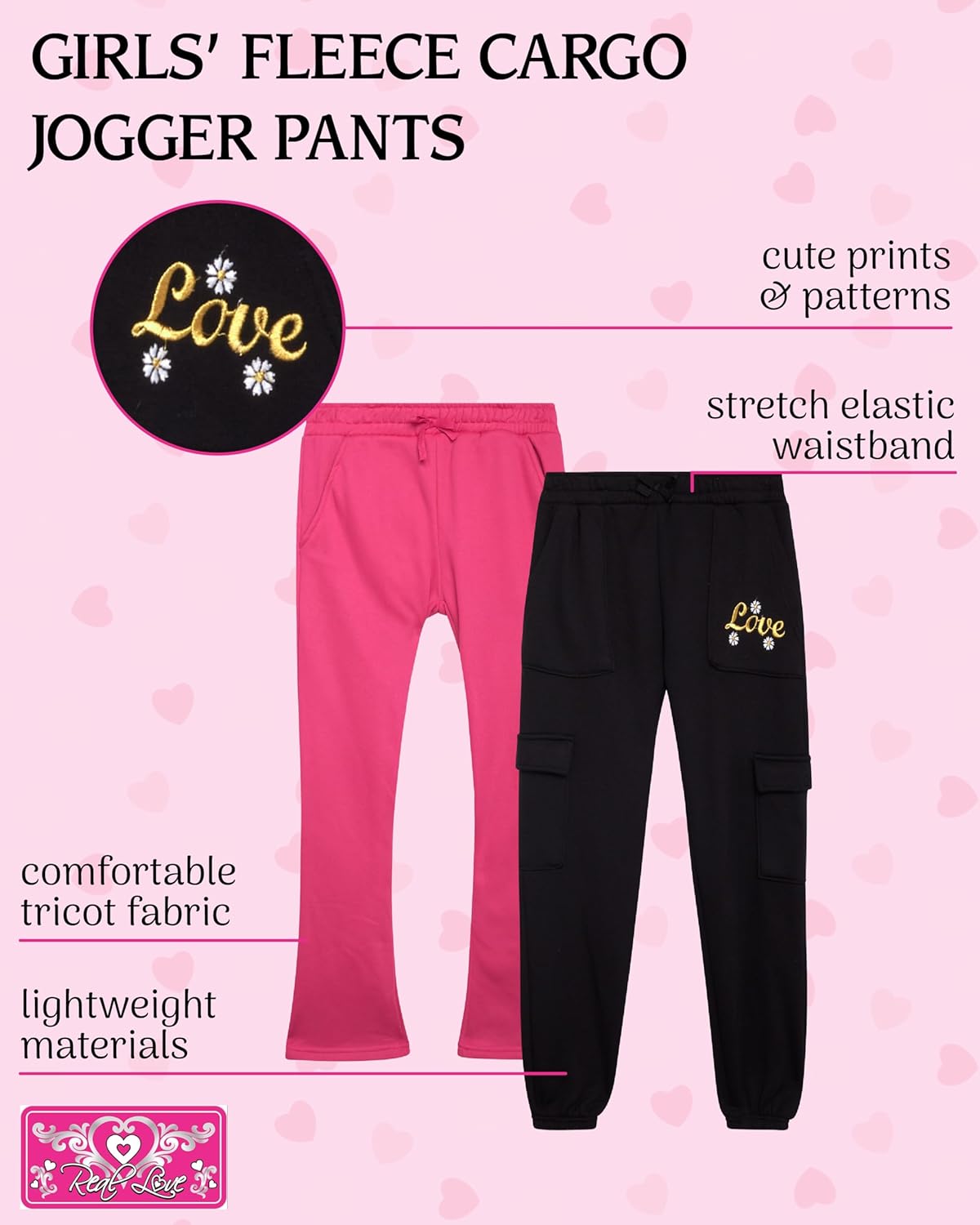 Real Love Girls Sweatpants - 2 Pack Lighweight Soft Fleece Cargo Pants & Jogger Sweatpants for Girls (Sizes 7-16) - Image 3