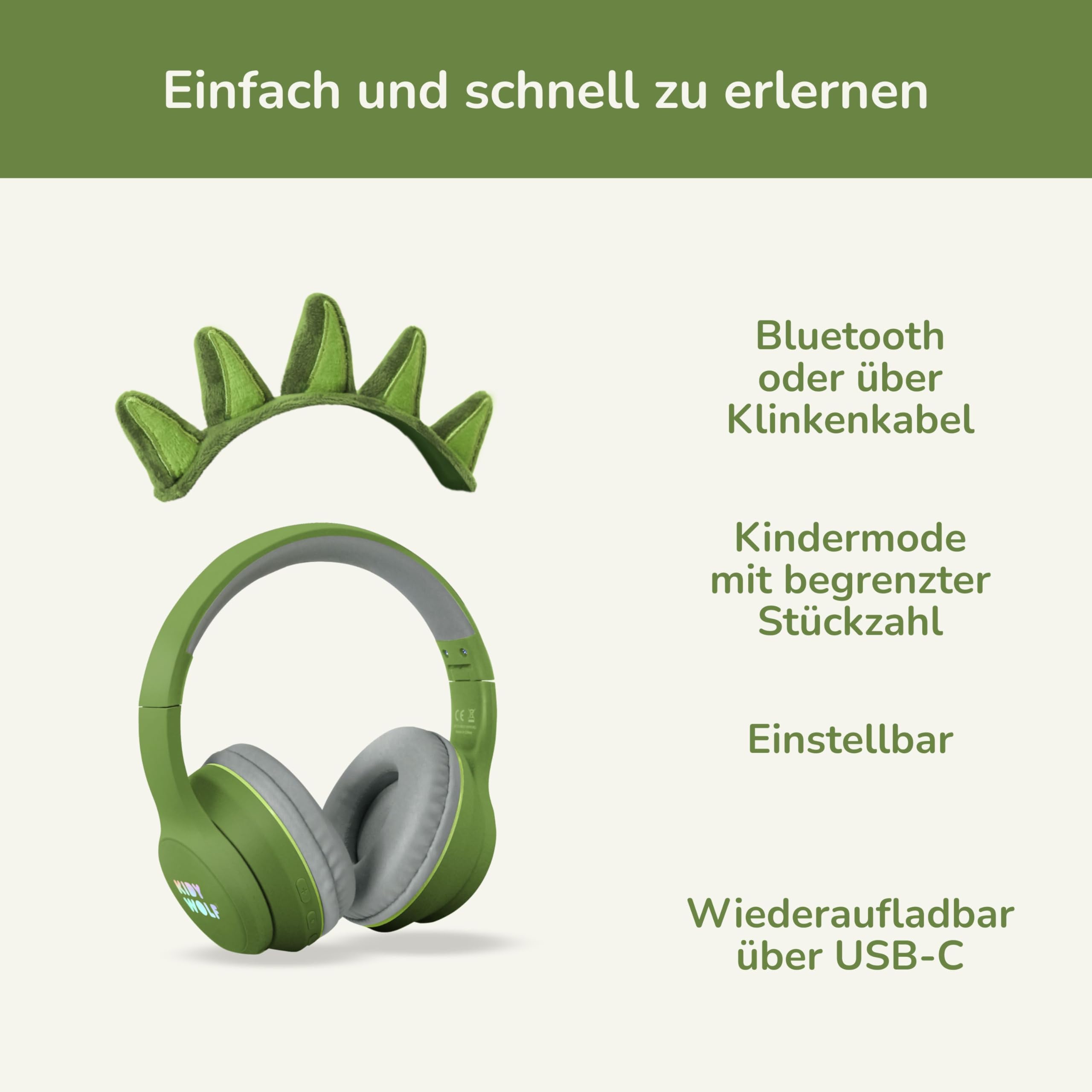 KIDYWOLF - KIDYEARS Dinosaurier - Kinderkopfhörer Bluetooth & Kabel - Lautstärkebegrenzung 85dB Gehörschutz
