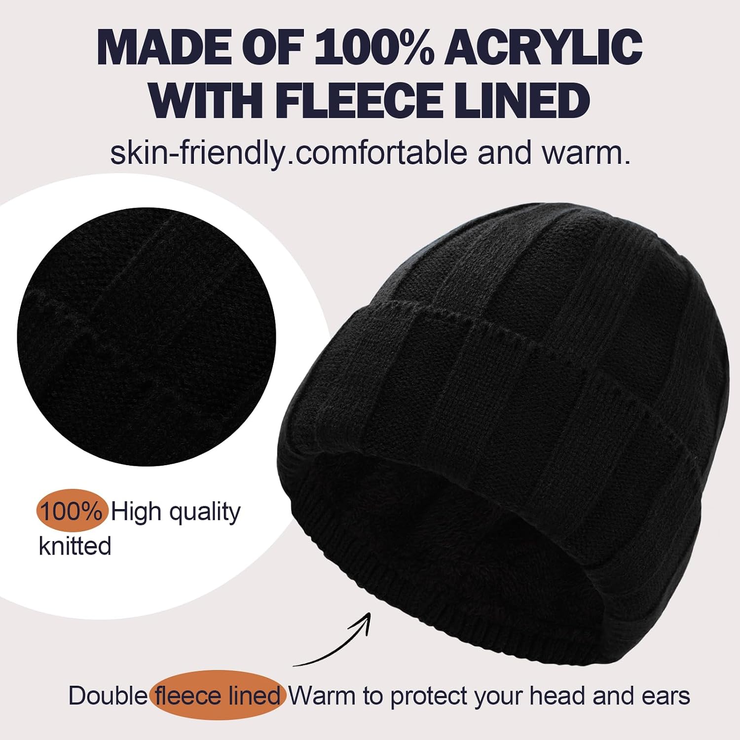 Mens Oversize XXL Winter Knit Warm Hat Fleece Beanie+Long Scarf+Touch Screen Gloves Set Skull Caps for Men Big Head image 5